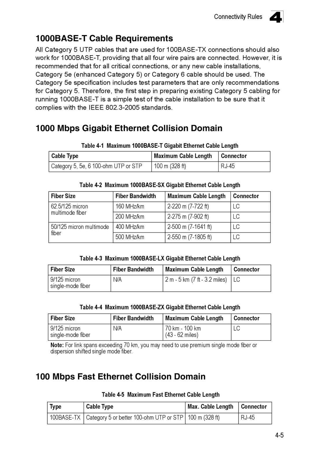 SMC Networks SMC8126PL2-F manual 1000BASE-T Cable Requirements, Mbps Gigabit Ethernet Collision Domain 