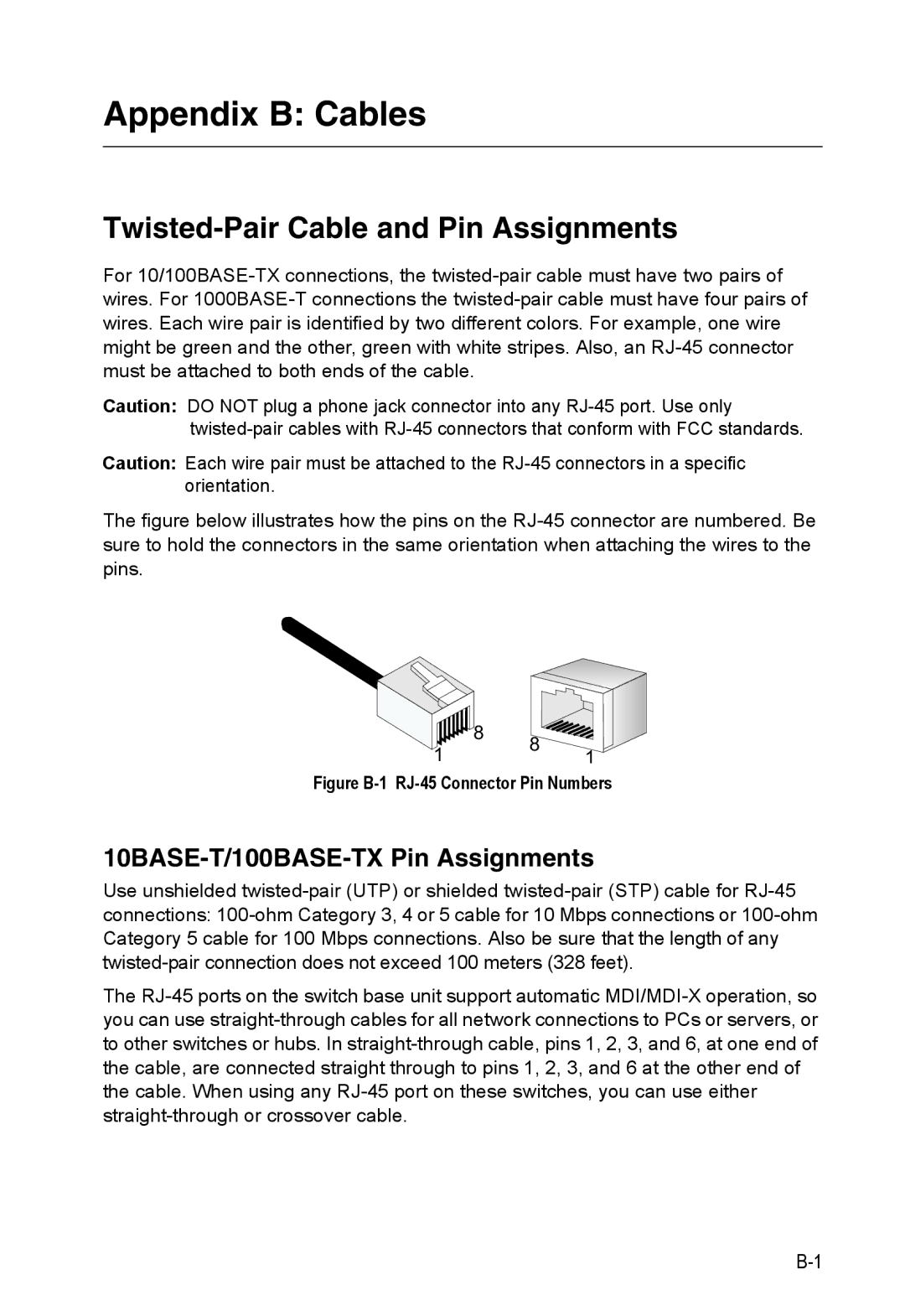 SMC Networks SMC8126PL2-F Appendix B Cables, Twisted-Pair Cable and Pin Assignments, 10BASE-T/100BASE-TX Pin Assignments 