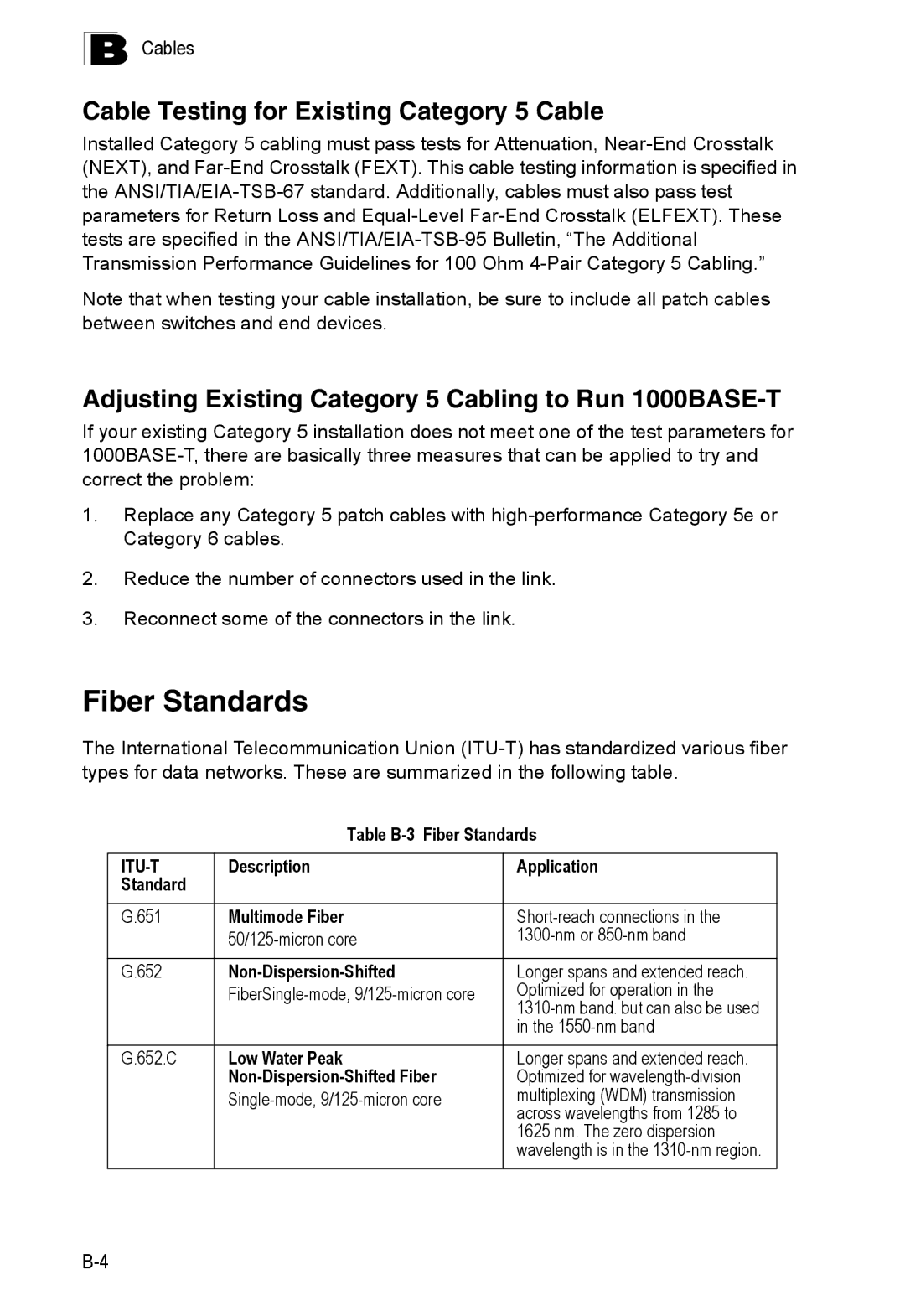 SMC Networks SMC8126PL2-F manual Fiber Standards, Cable Testing for Existing Category 5 Cable 