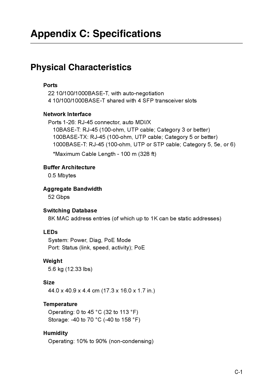 SMC Networks SMC8126PL2-F manual Appendix C Specifications, Physical Characteristics 