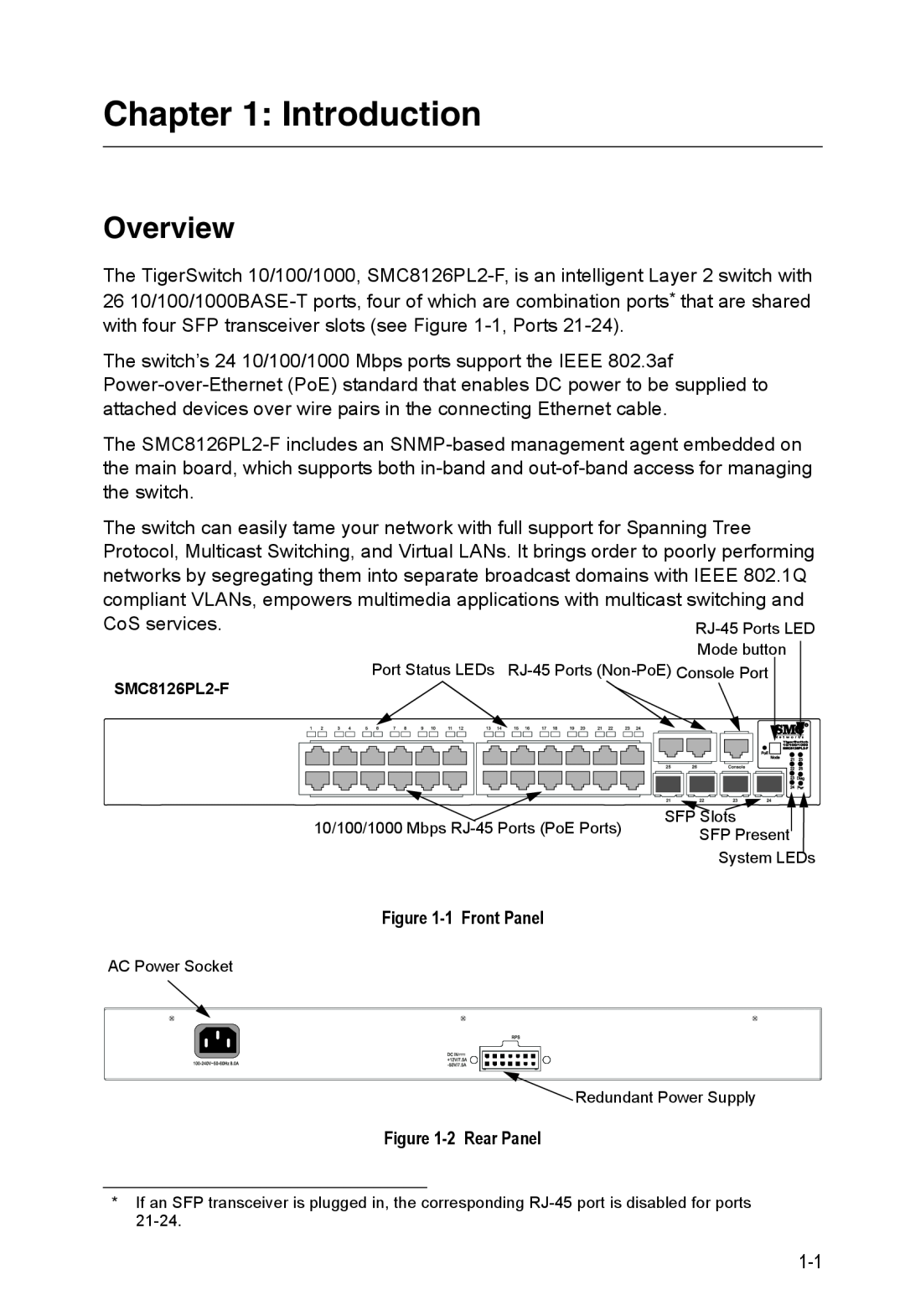 SMC Networks SMC8126PL2-F manual 1Front Panel, 2Rear Panel, Port Status LEDs RJ-45Ports Non-PoEConsole Port, SFP Slots 