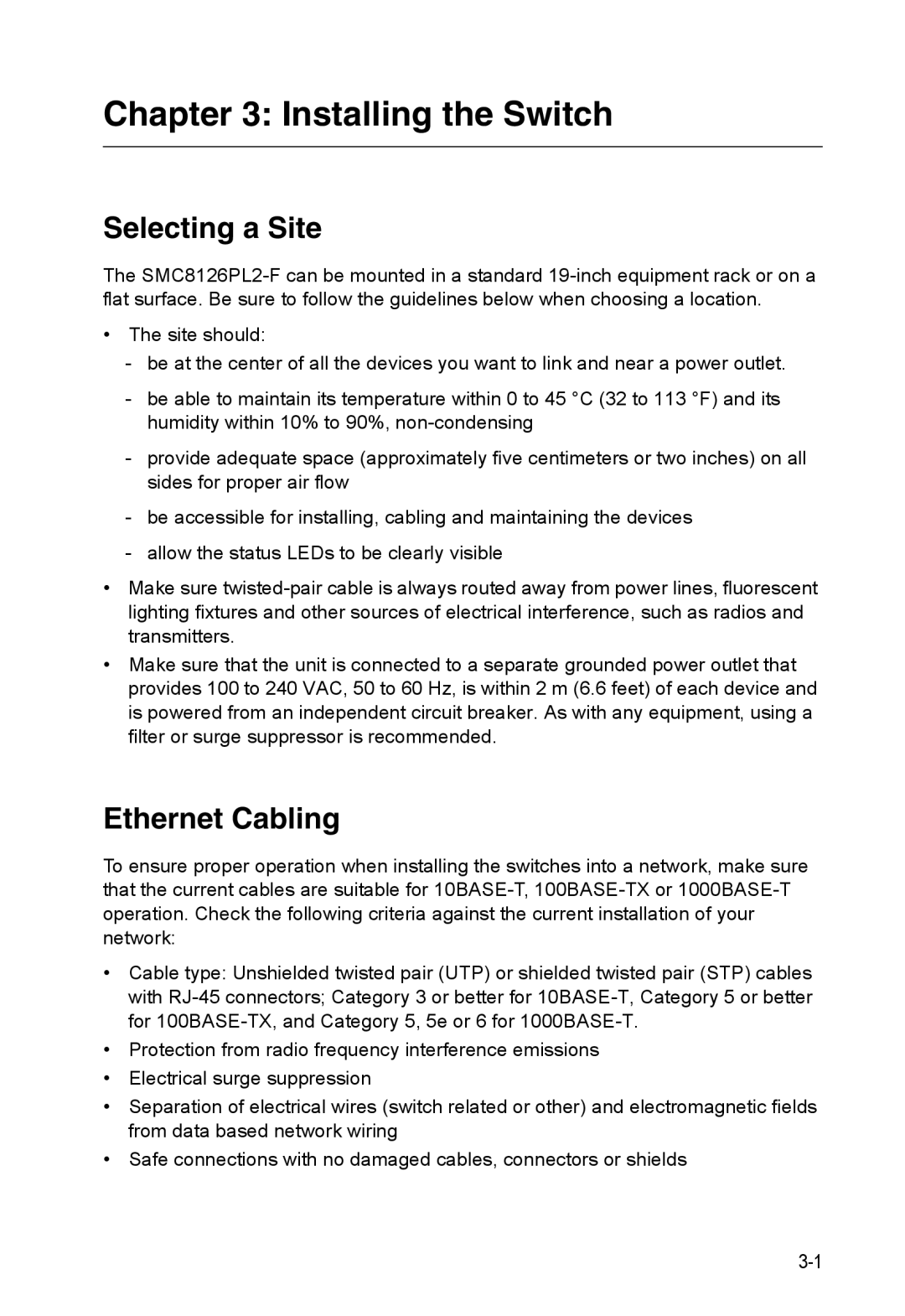 SMC Networks SMC8126PL2-F manual Installing the Switch, Selecting a Site, Ethernet Cabling 