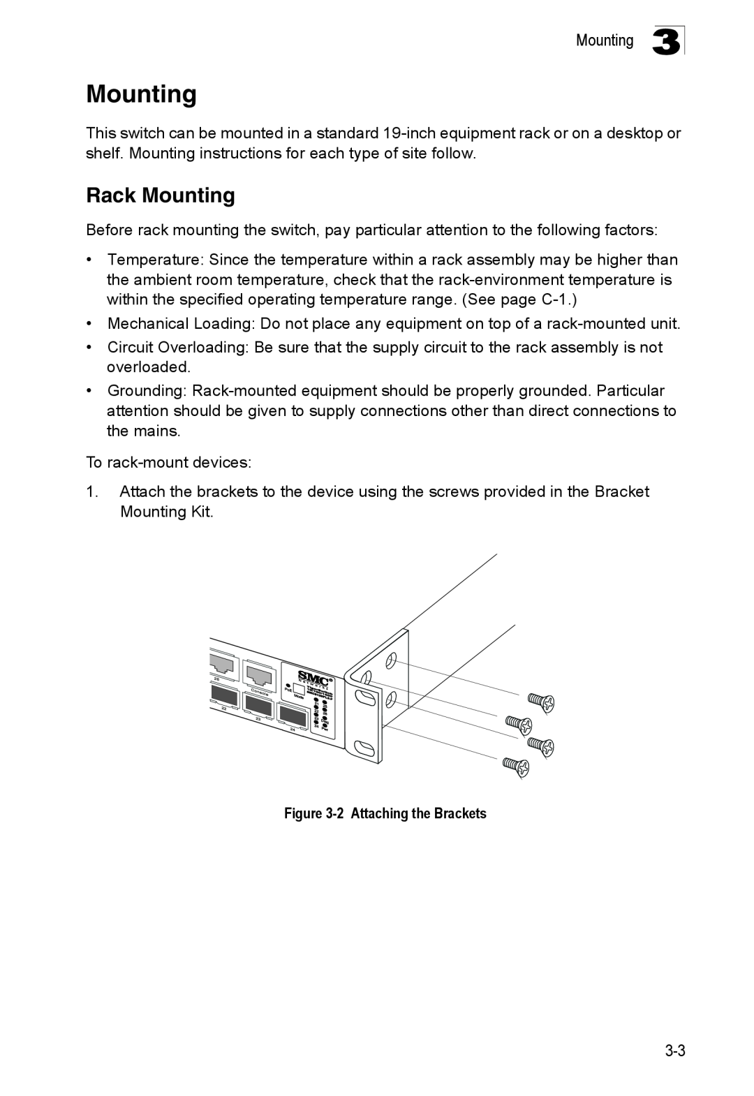 SMC Networks SMC8126PL2-F manual Rack Mounting, 2Attaching the Brackets 