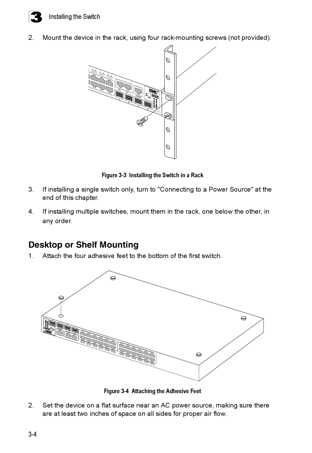 SMC Networks SMC8126PL2-F manual Desktop or Shelf Mounting, 3Installing the Switch in a Rack, 4Attaching the Adhesive Feet 
