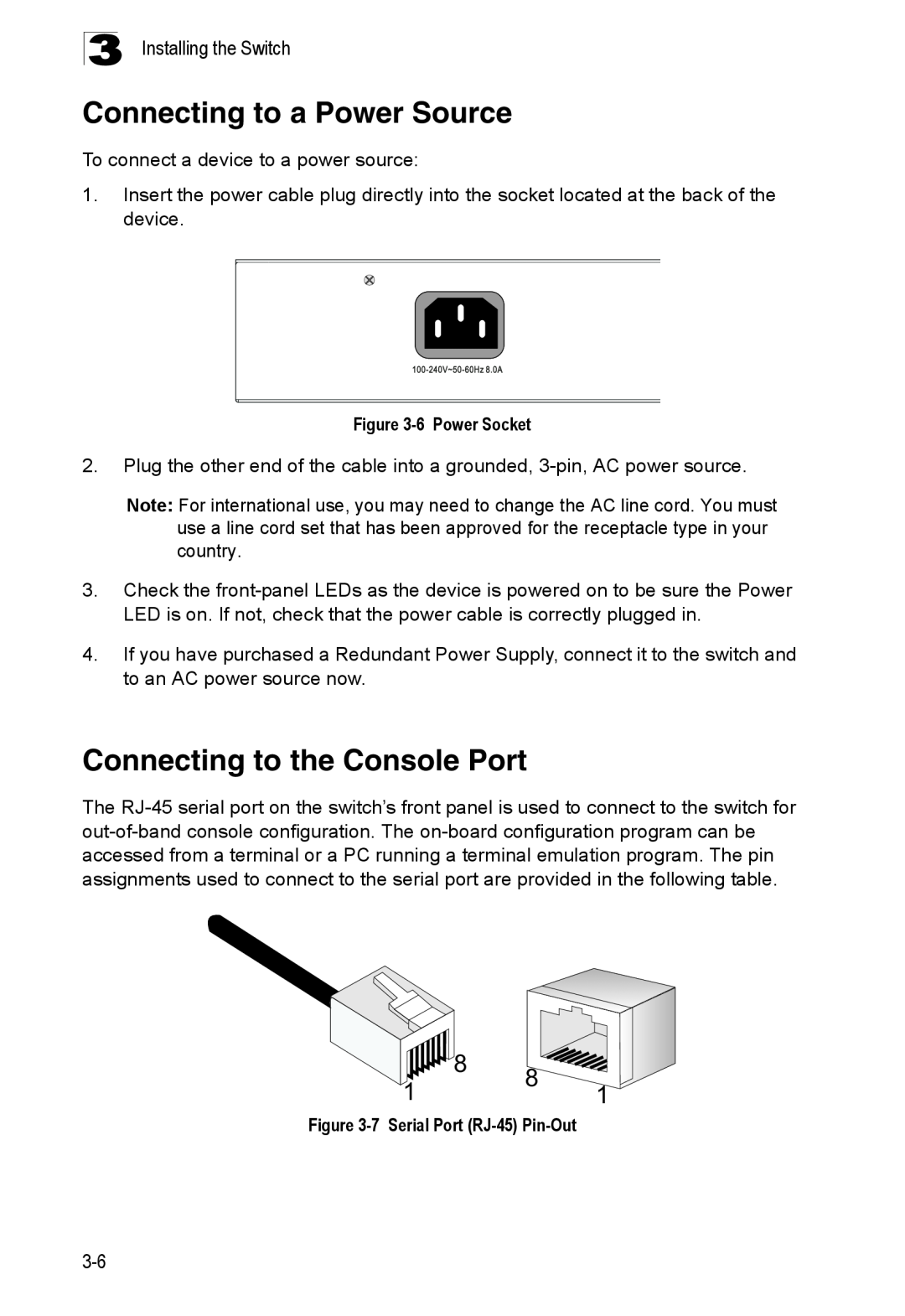 SMC Networks SMC8126PL2-F manual Connecting to a Power Source, Connecting to the Console Port, 6Power Socket 