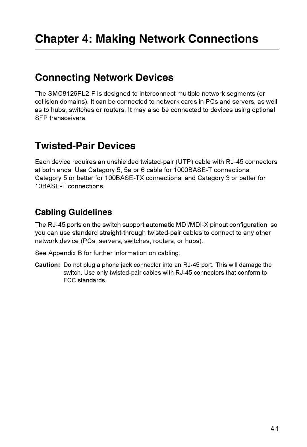 SMC Networks SMC8126PL2-F Making Network Connections, Connecting Network Devices, Twisted-PairDevices, Cabling Guidelines 