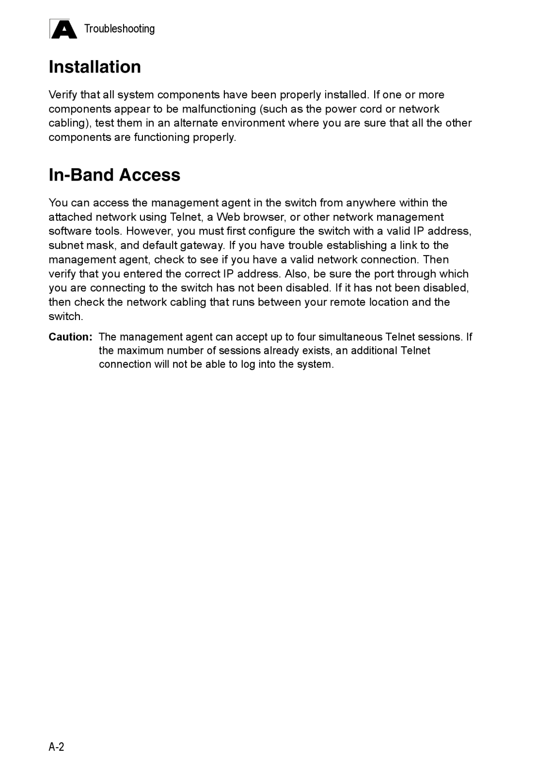 SMC Networks SMC8126PL2-F manual Installation, In-BandAccess, A Troubleshooting 