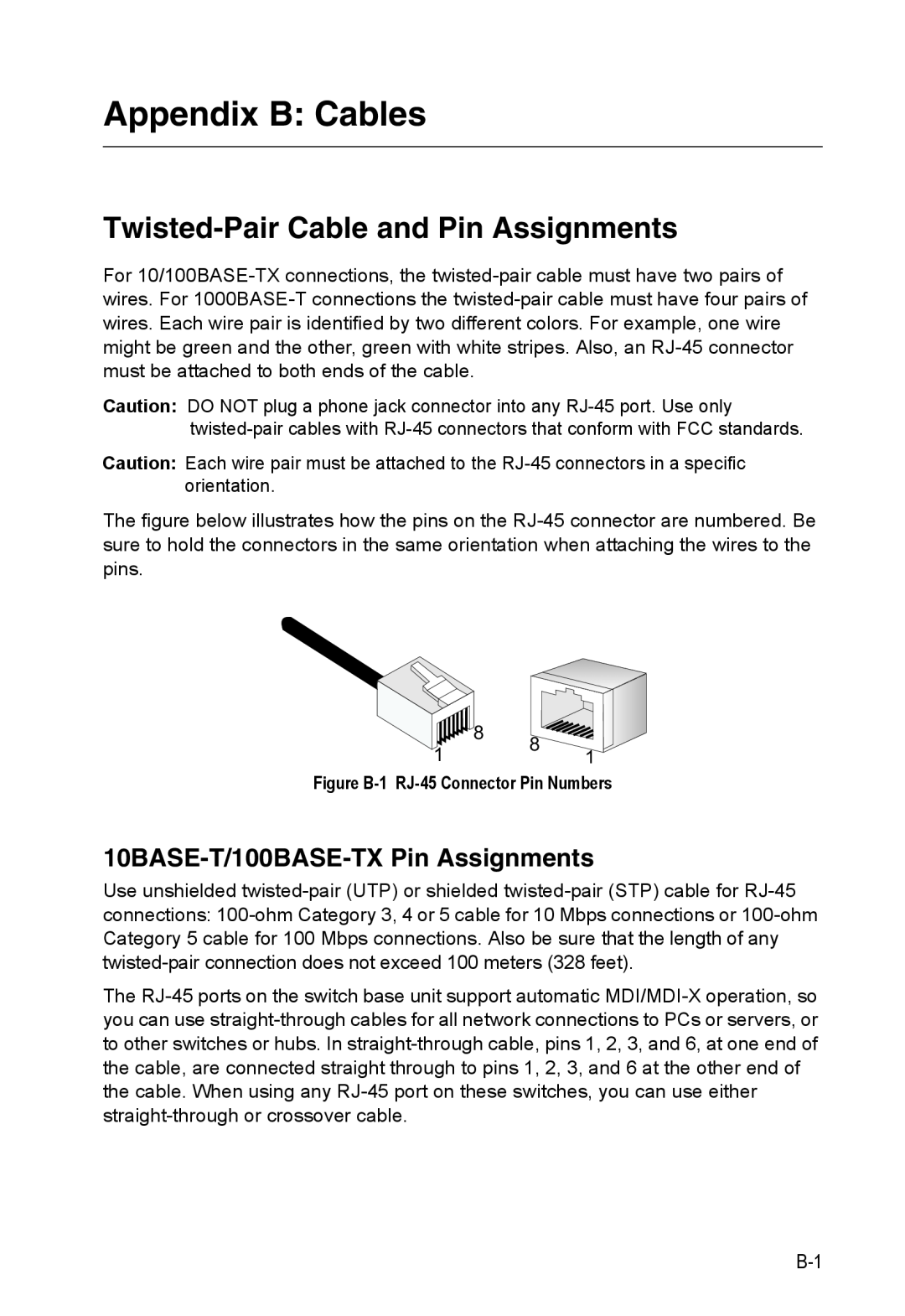 SMC Networks SMC8126PL2-F Appendix B Cables, Twisted-PairCable and Pin Assignments, 10BASE-T/100BASE-TXPin Assignments 
