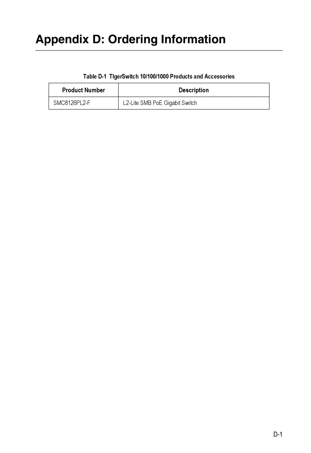 SMC Networks SMC8126PL2-F manual Appendix D Ordering Information, Product Number, Description 