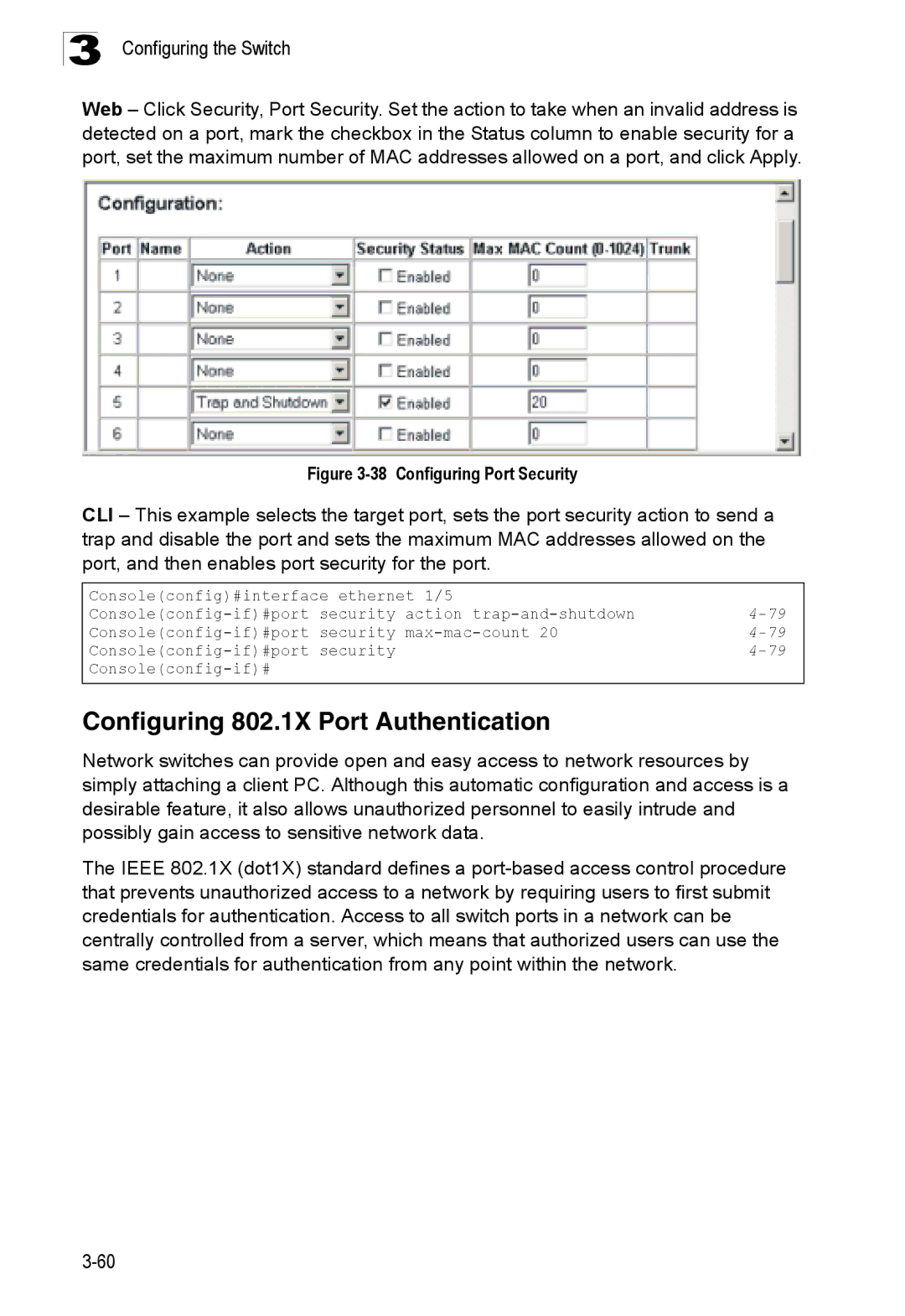 SMC Networks SMC8150L2 manual Configuring 802.1X Port Authentication, Configuring Port Security 