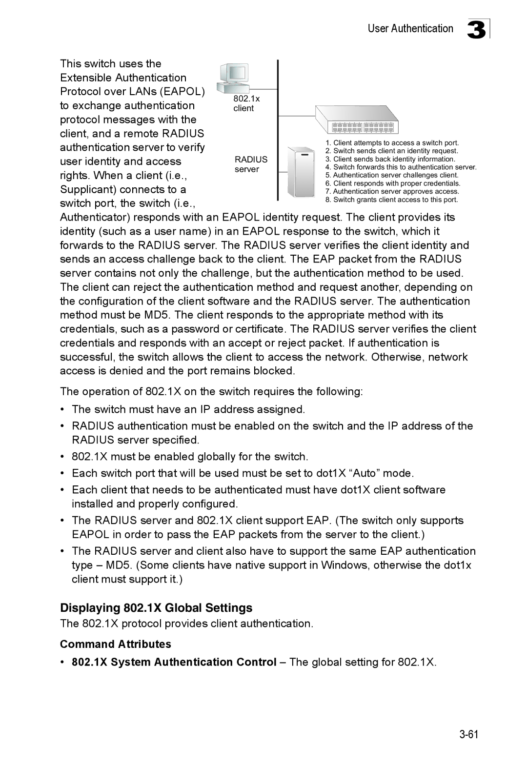 SMC Networks SMC8150L2 manual Displaying 802.1X Global Settings, 802.1X protocol provides client authentication 