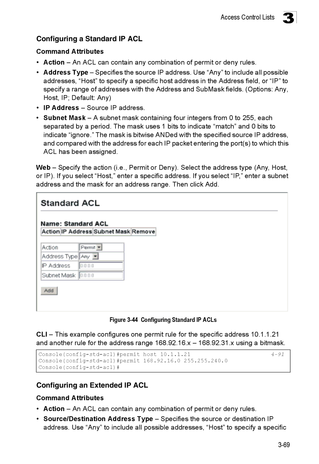 SMC Networks SMC8150L2 manual Configuring a Standard IP ACL, Configuring an Extended IP ACL 