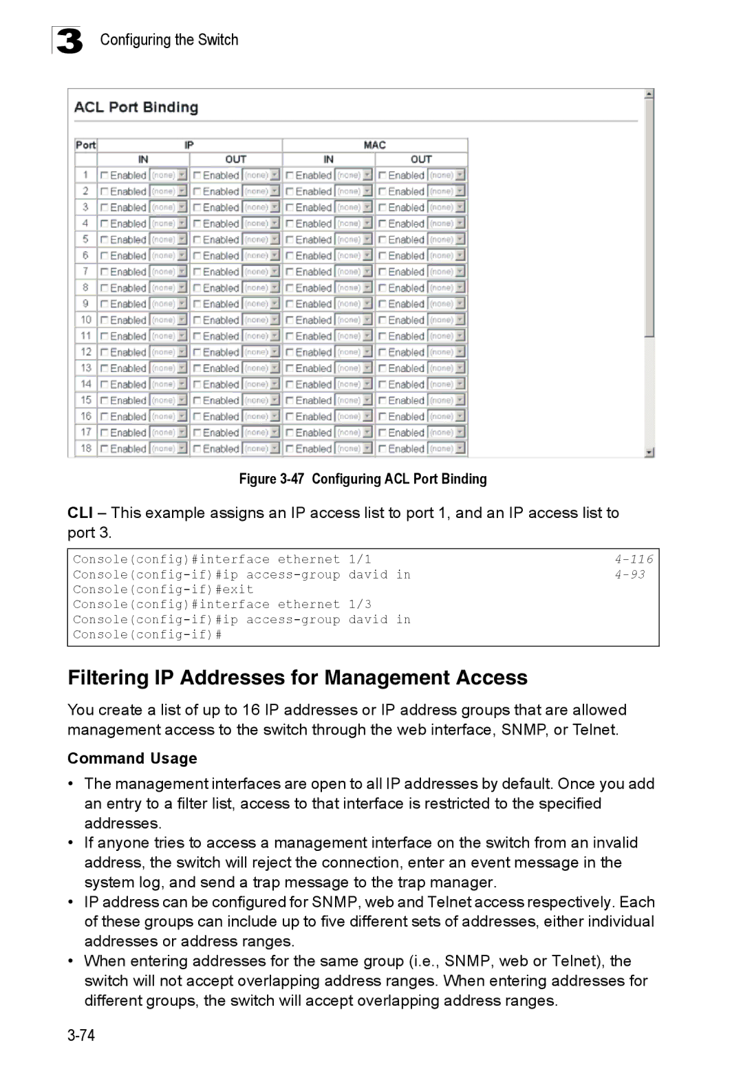 SMC Networks SMC8150L2 manual Filtering IP Addresses for Management Access, Configuring ACL Port Binding 