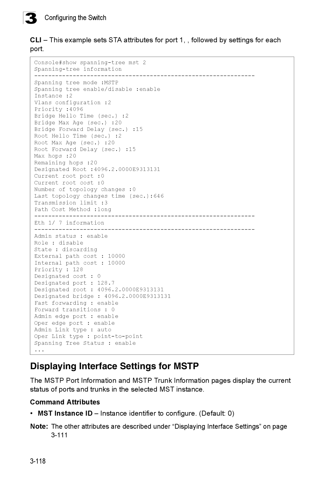 SMC Networks SMC8150L2 Displaying Interface Settings for Mstp, MST Instance ID Instance identifier to configure. Default 