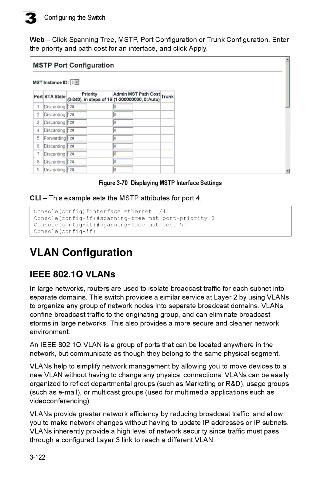 SMC Networks SMC8150L2 manual Vlan Configuration, Ieee 802.1Q VLANs, CLI This example sets the Mstp attributes for port 