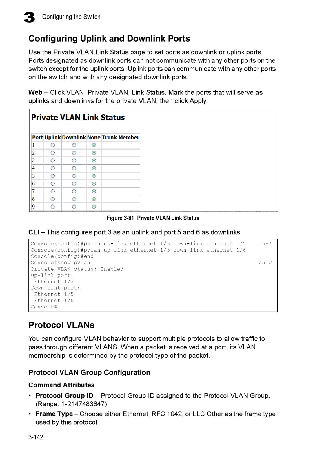 SMC Networks SMC8150L2 manual Configuring Uplink and Downlink Ports, Protocol VLANs, Protocol Vlan Group Configuration 