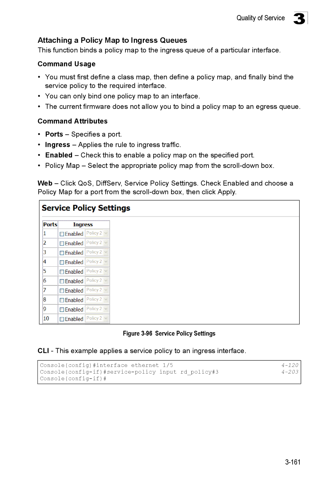 SMC Networks SMC8150L2 manual Attaching a Policy Map to Ingress Queues, Service Policy Settings 