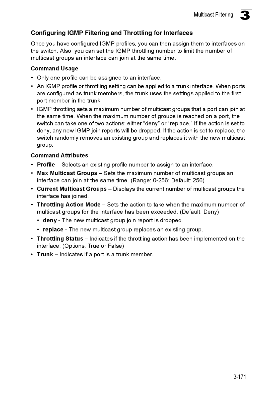 SMC Networks SMC8150L2 manual Configuring Igmp Filtering and Throttling for Interfaces, Command Usage 