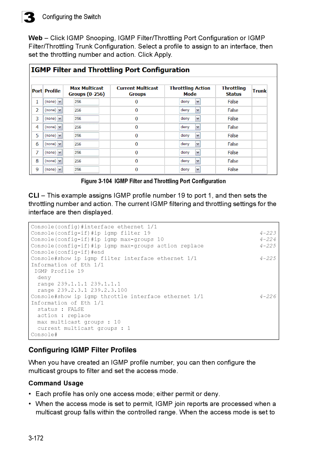 SMC Networks SMC8150L2 manual Configuring Igmp Filter Profiles, Igmp Filter and Throttling Port Configuration 