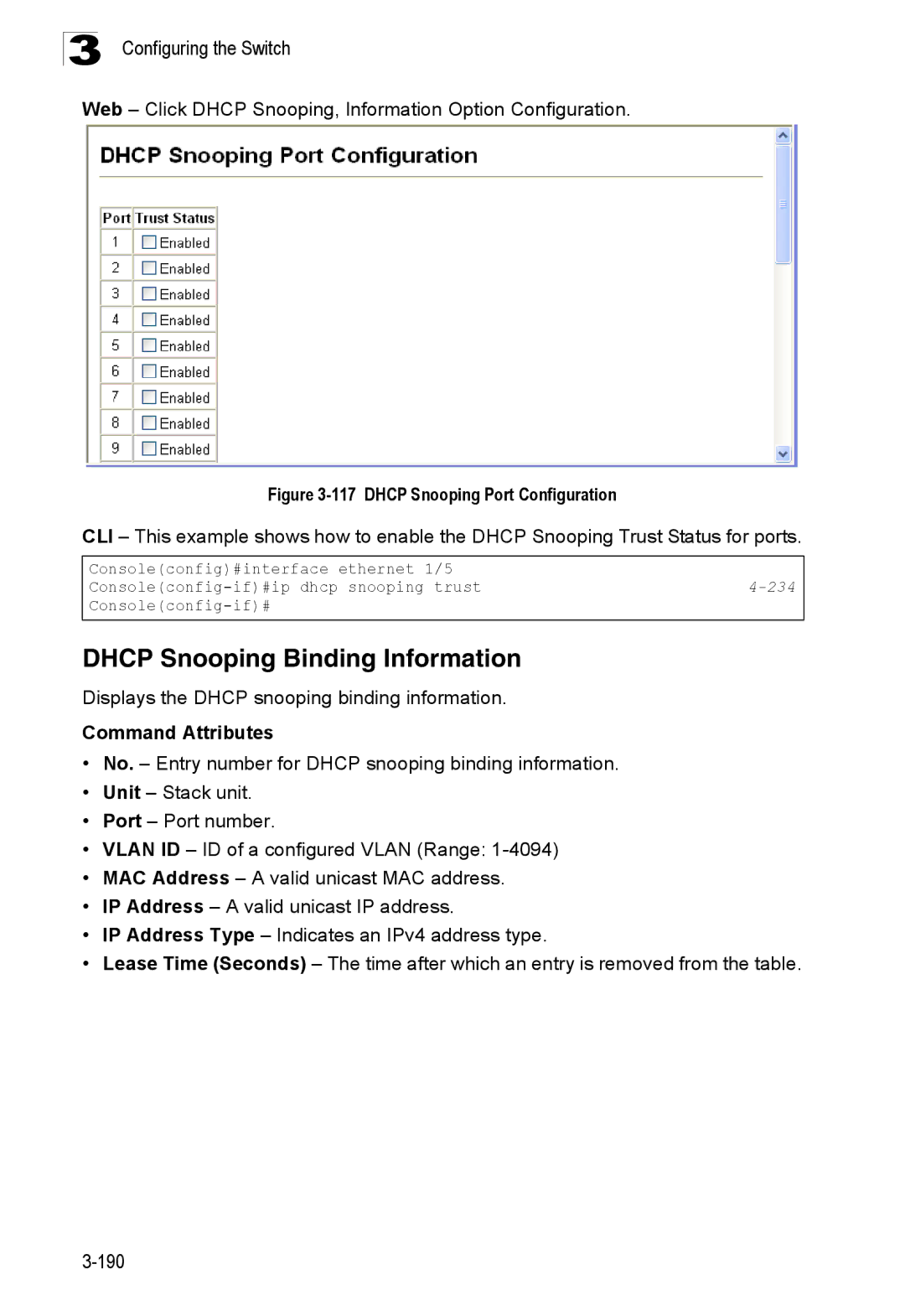 SMC Networks SMC8150L2 manual Dhcp Snooping Binding Information, Dhcp Snooping Port Configuration 