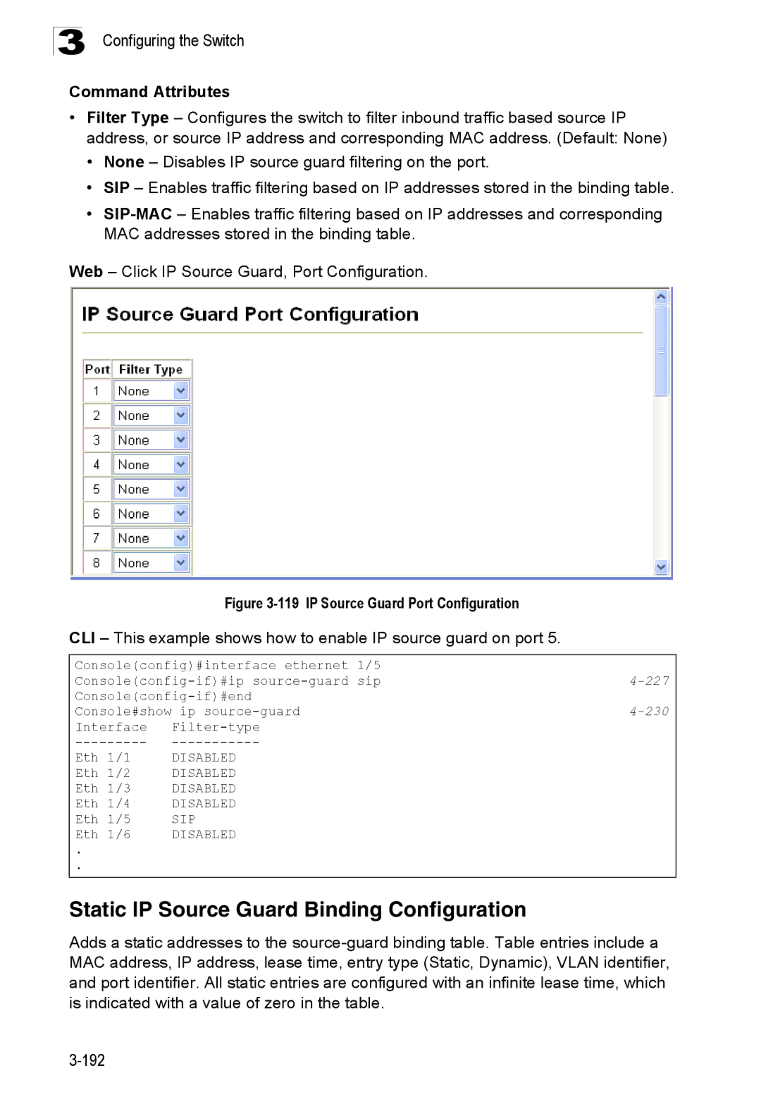 SMC Networks SMC8150L2 manual Static IP Source Guard Binding Configuration, IP Source Guard Port Configuration 