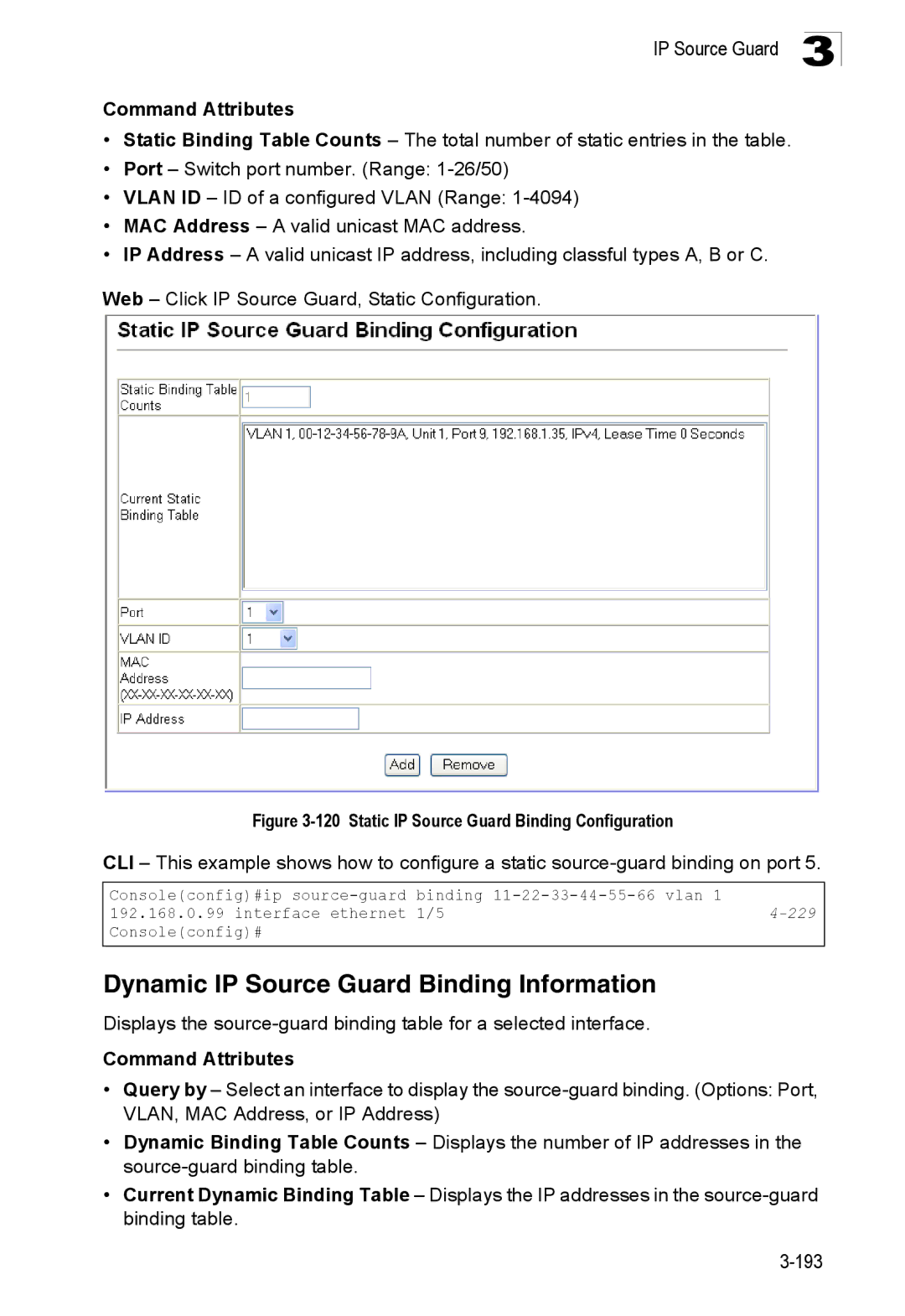 SMC Networks SMC8150L2 manual Dynamic IP Source Guard Binding Information, Static IP Source Guard Binding Configuration 