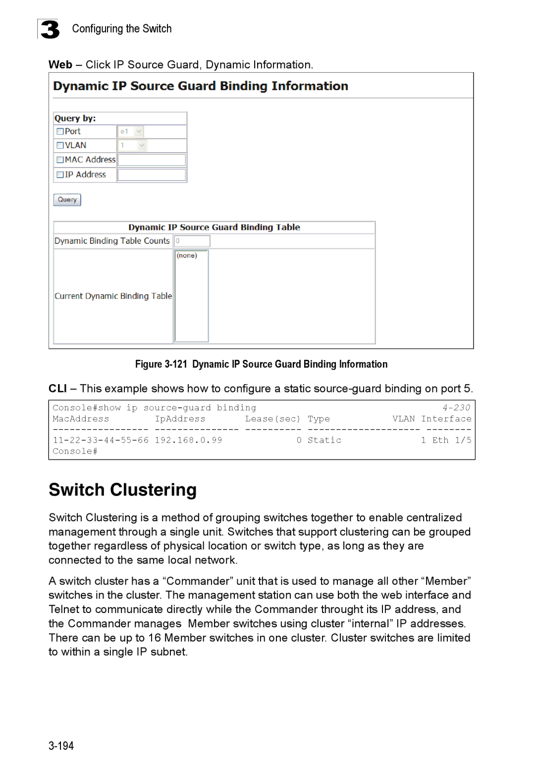 SMC Networks SMC8150L2 manual Switch Clustering, Web Click IP Source Guard, Dynamic Information 