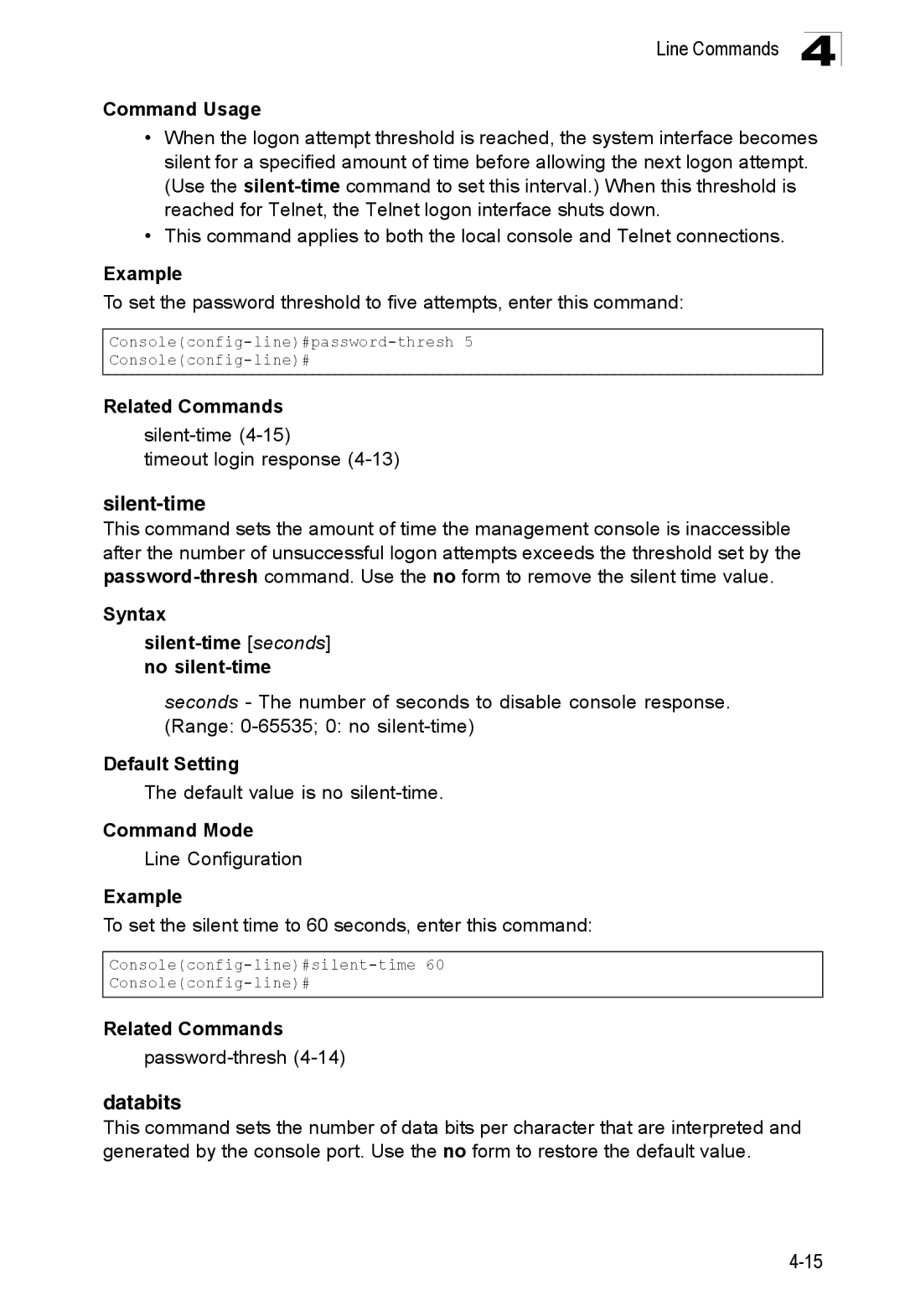 SMC Networks SMC8150L2 manual Databits, Syntax Silent-time seconds no silent-time 