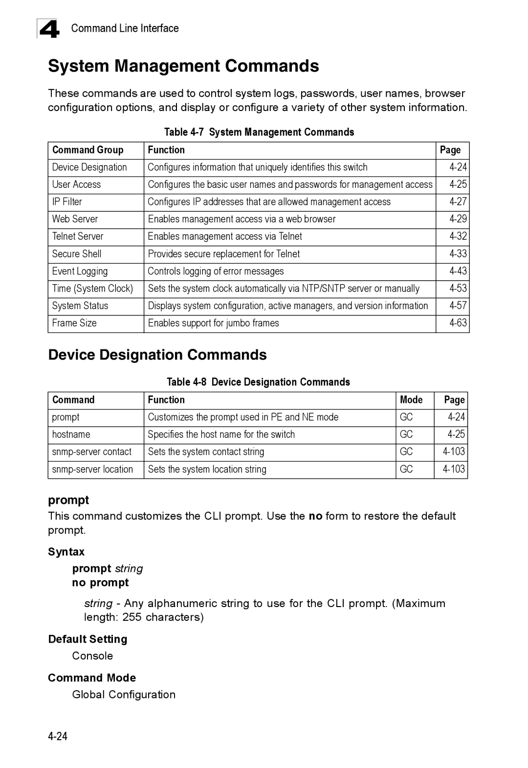 SMC Networks SMC8150L2 manual System Management Commands, Device Designation Commands, Prompt 