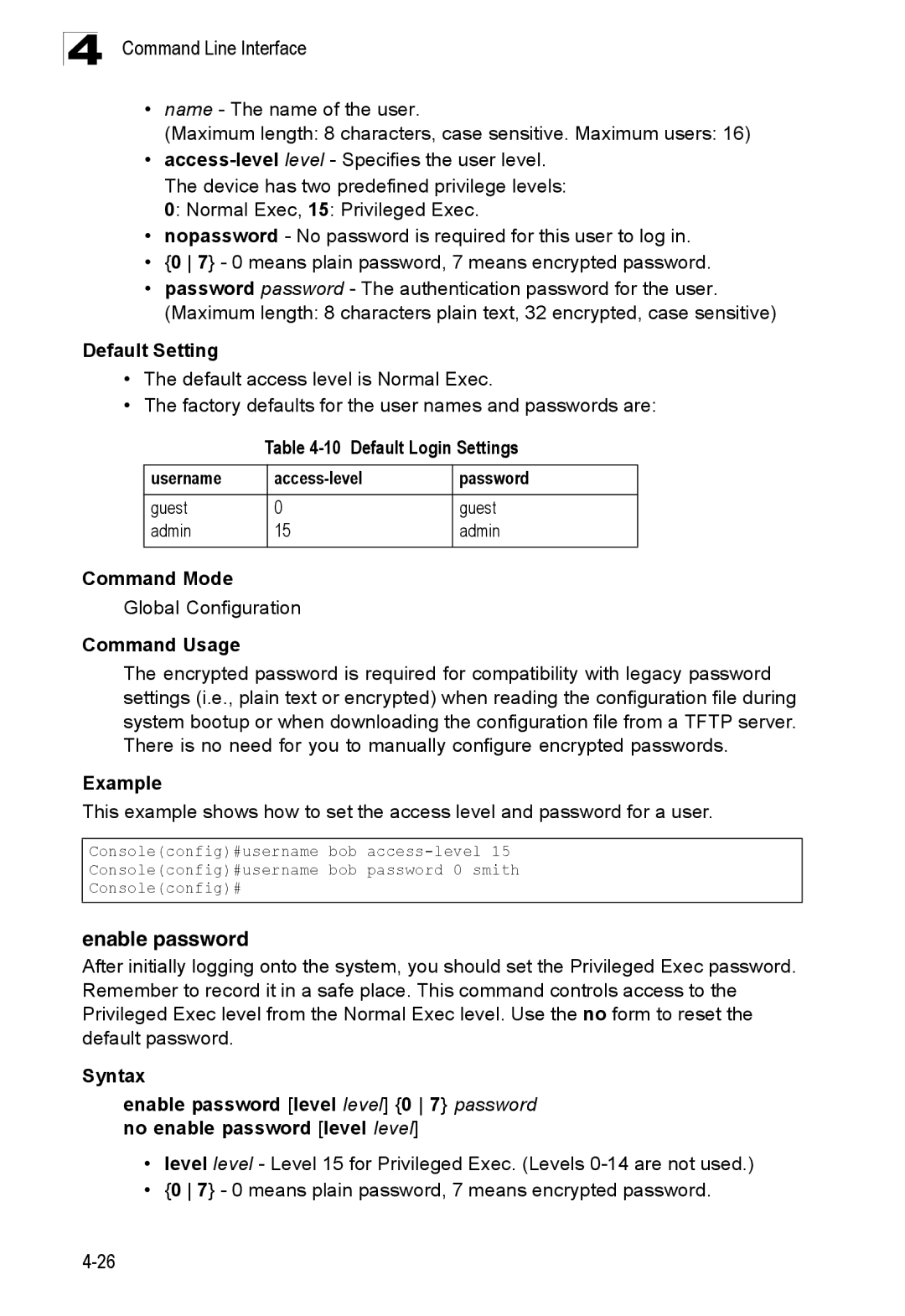 SMC Networks SMC8150L2 manual Enable password, Default Login Settings Username Access-level Password, Guest Admin 