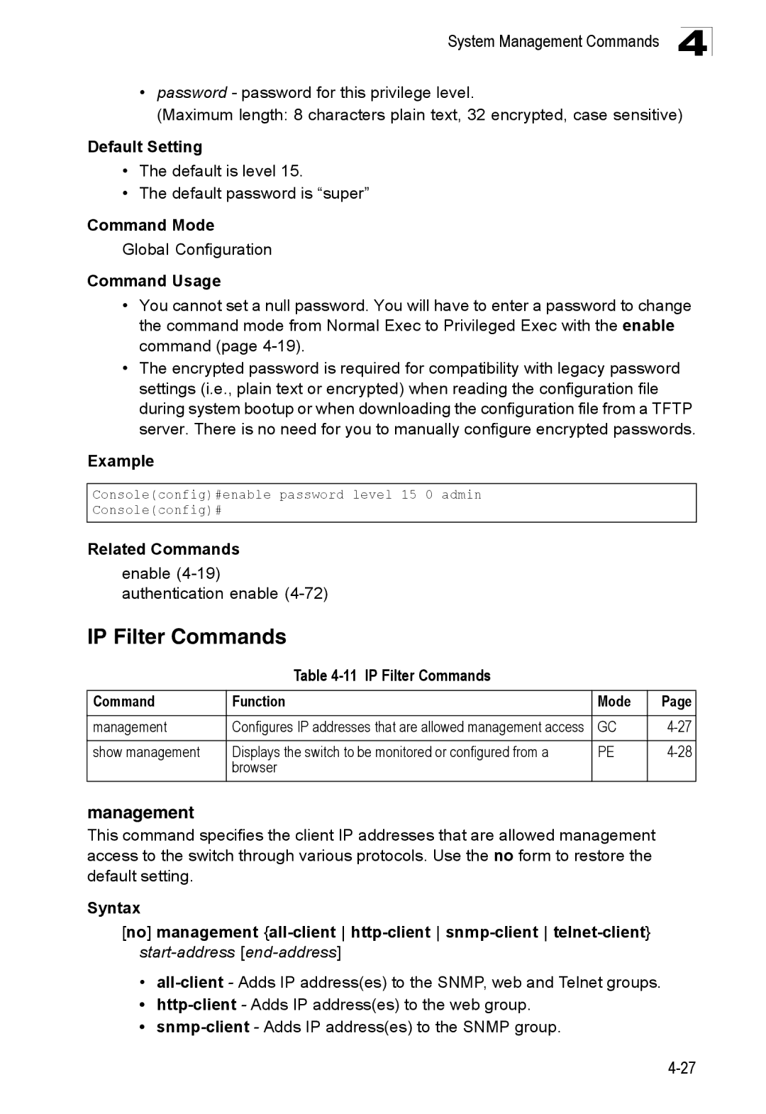 SMC Networks SMC8150L2 manual Management, IP Filter Commands Function Mode 