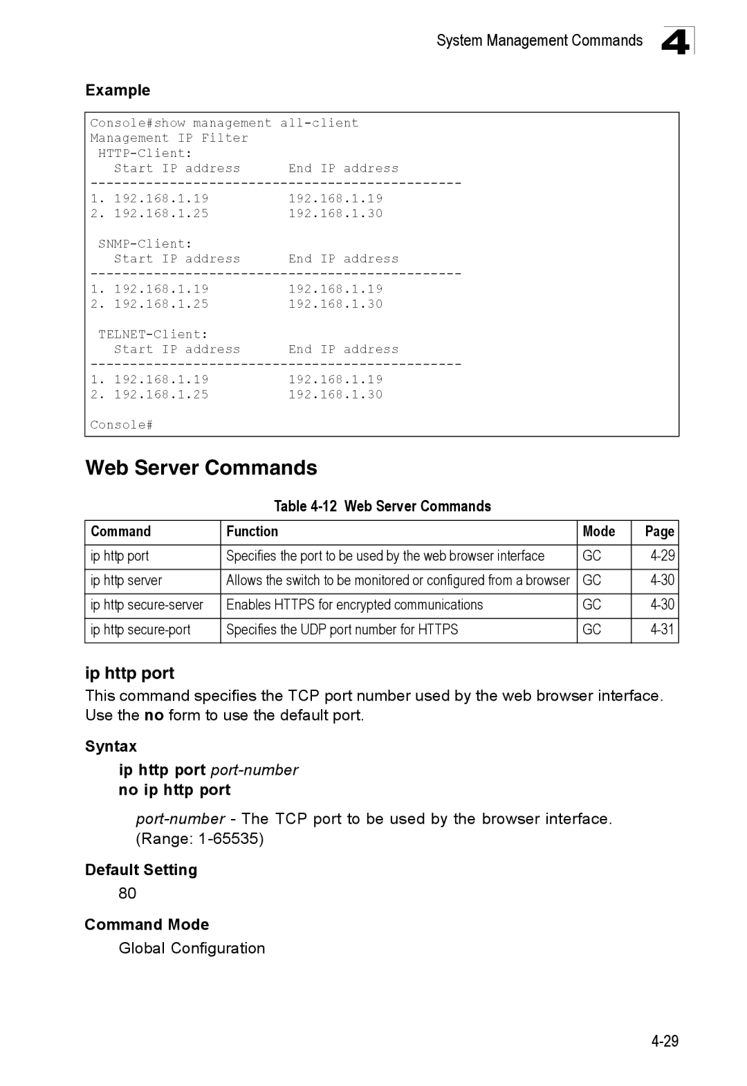 SMC Networks SMC8150L2 manual Web Server Commands Function Mode, Syntax Ip http port port-numberno ip http port 