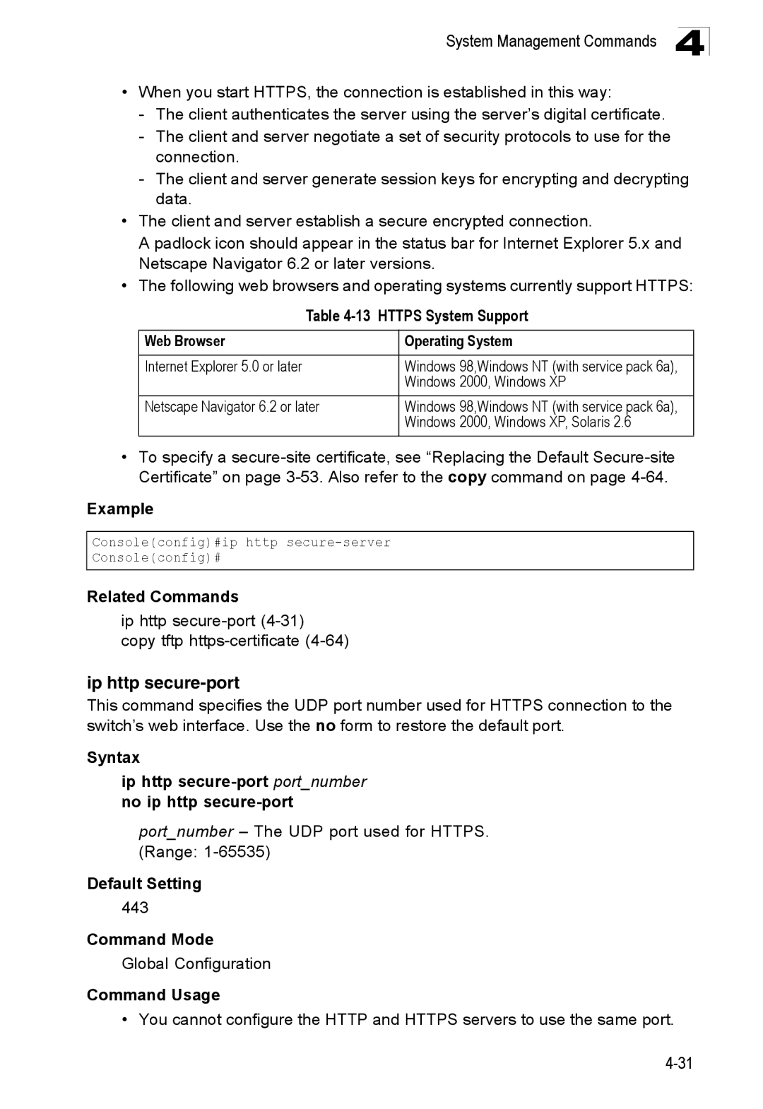 SMC Networks SMC8150L2 manual Ip http secure-port, Https System Support Web Browser Operating System 