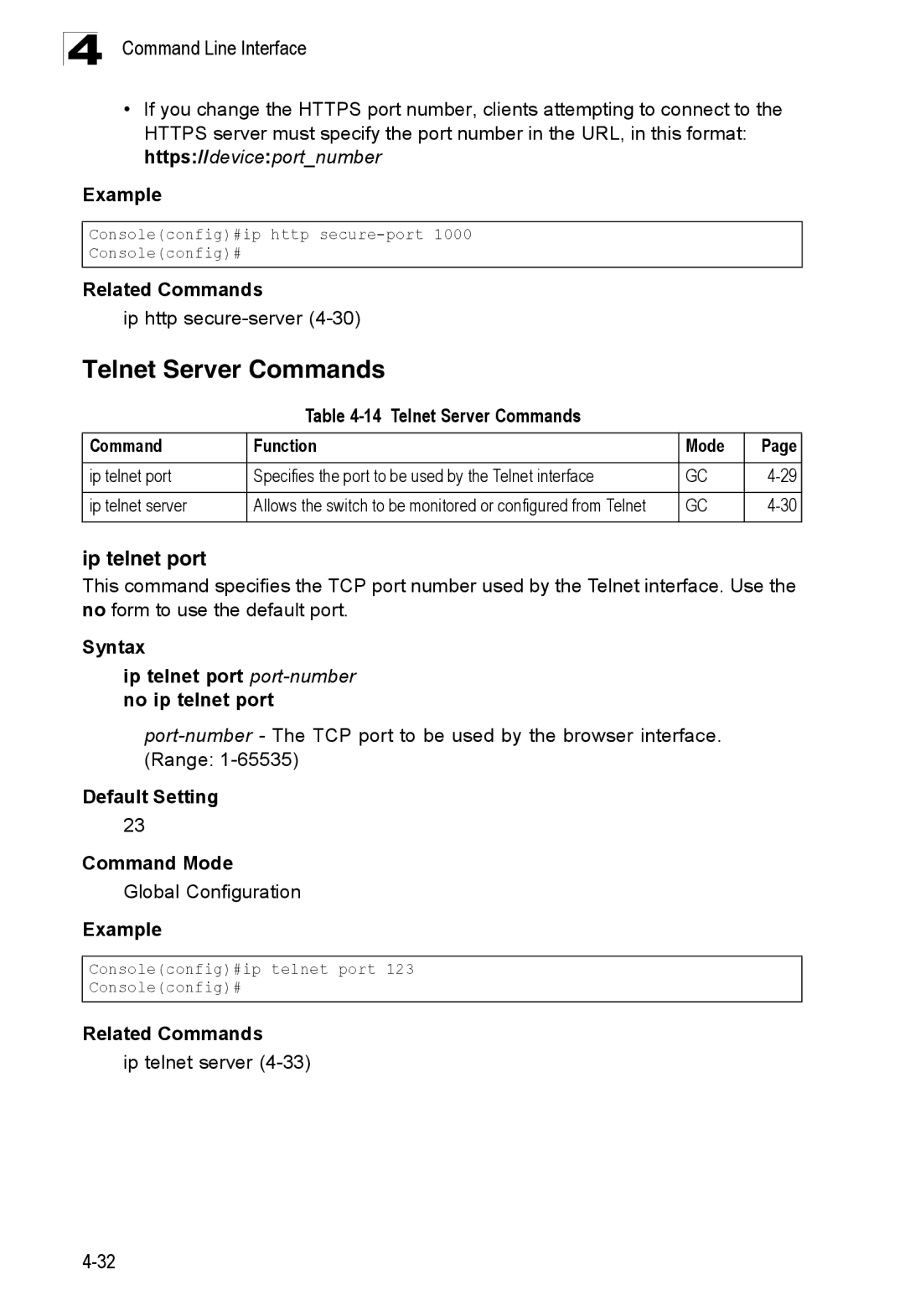 SMC Networks SMC8150L2 manual Telnet Server Commands, Ip telnet port, Ip http secure-server4-30 