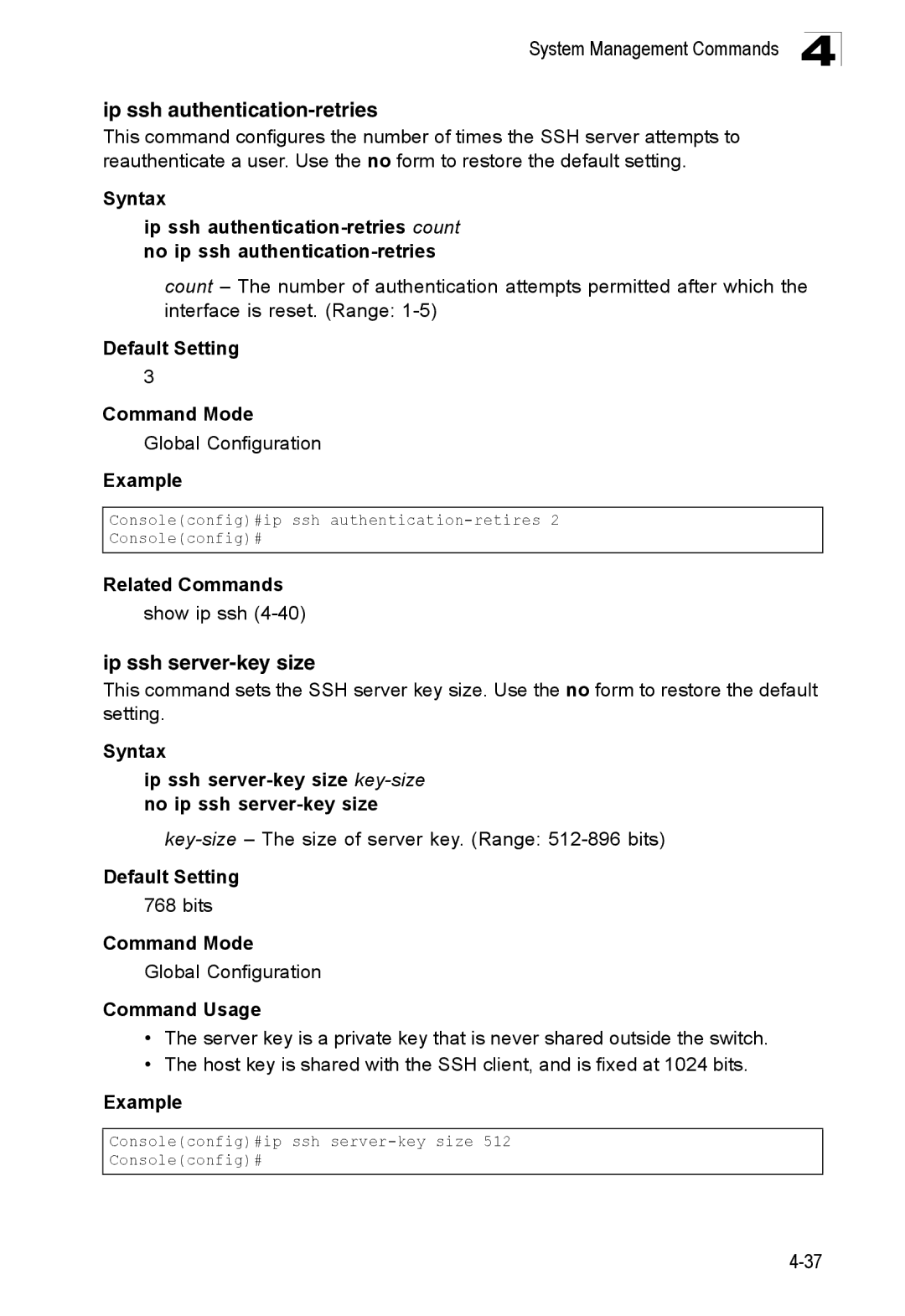 SMC Networks SMC8150L2 manual Ip ssh authentication-retries, Ip ssh server-key size, Bits 