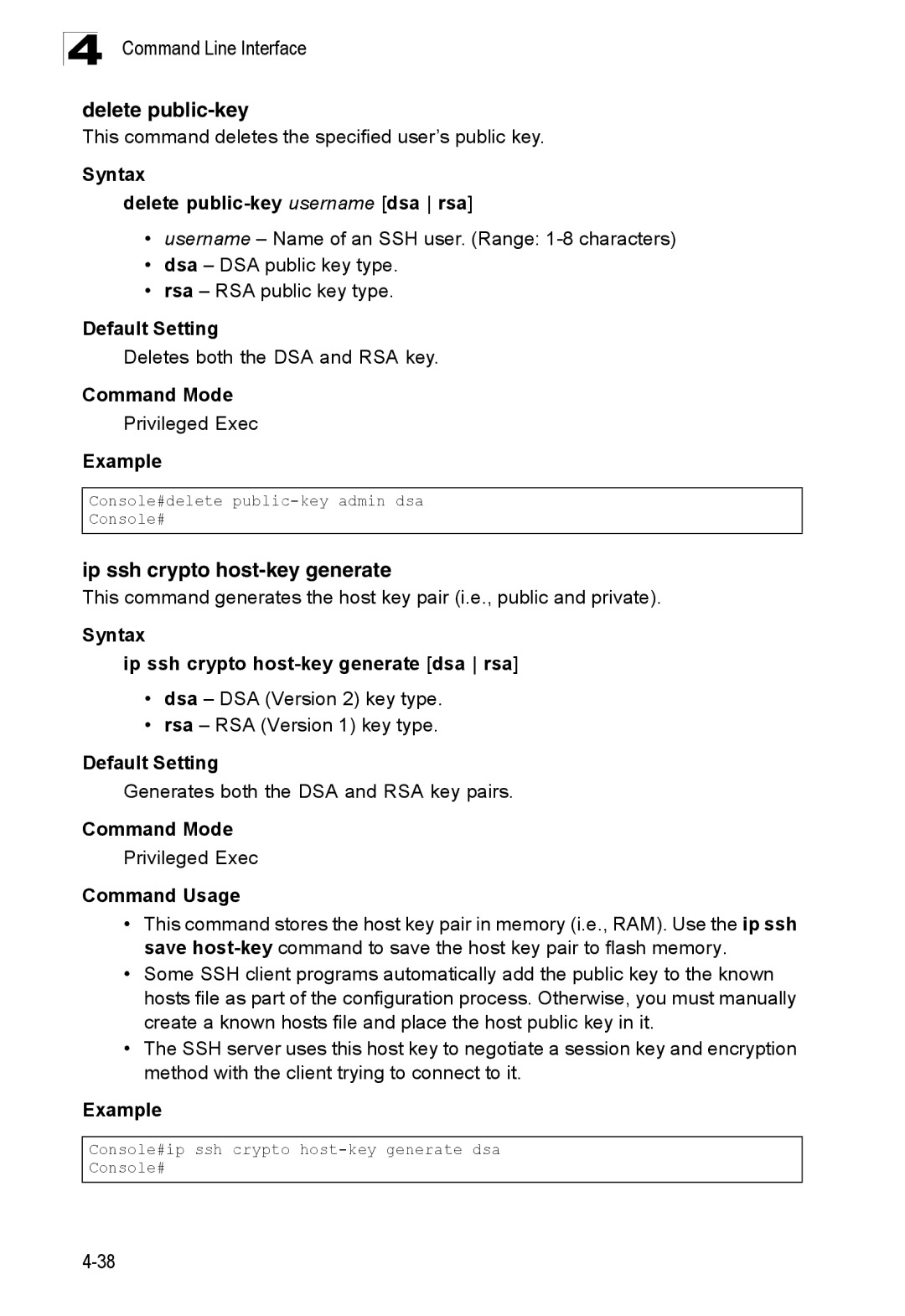 SMC Networks SMC8150L2 manual Ip ssh crypto host-key generate, Syntax Delete public-key username dsa rsa 