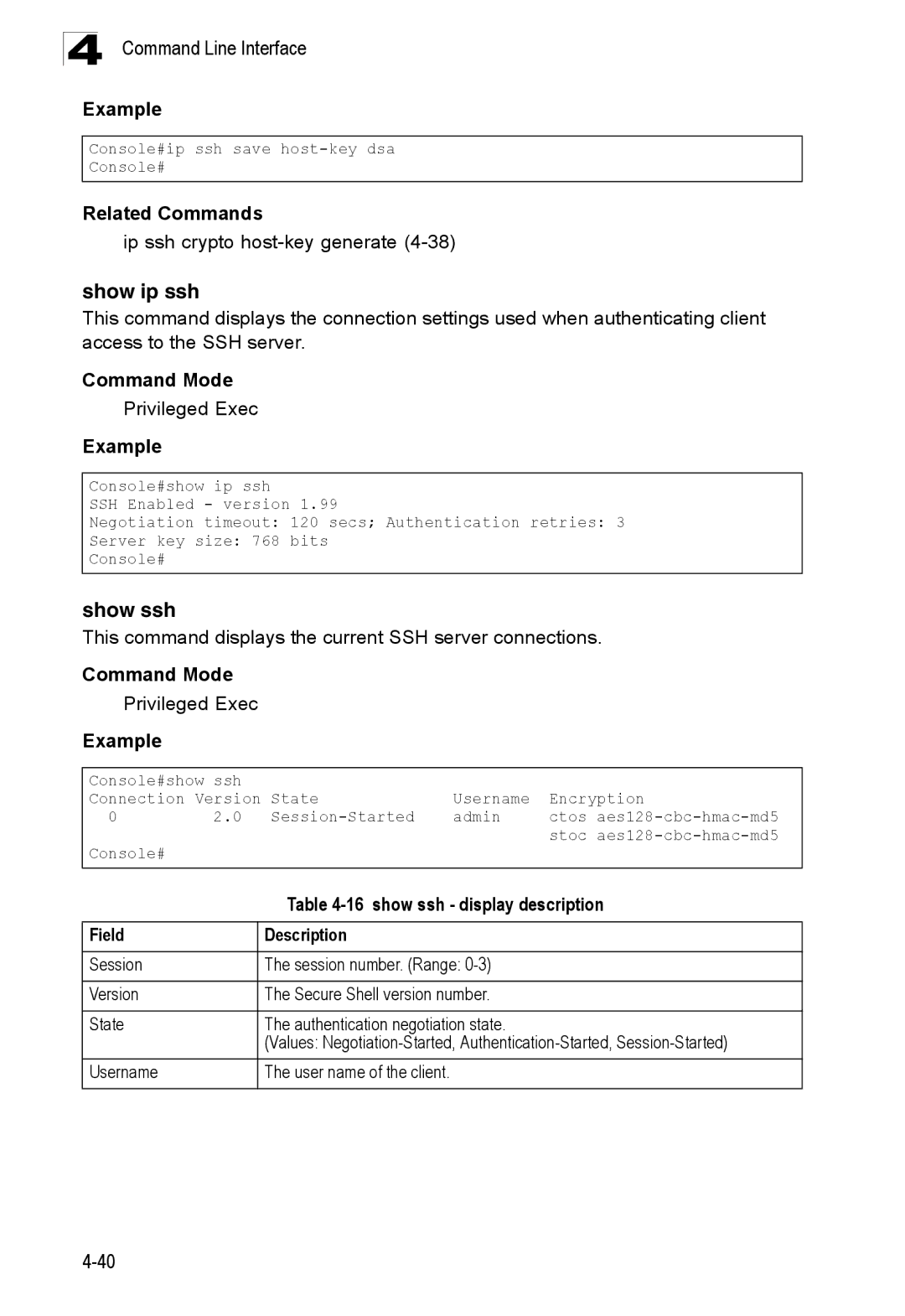 SMC Networks SMC8150L2 manual Show ip ssh, Show ssh, Ip ssh crypto host-key generate, show ssh display description 