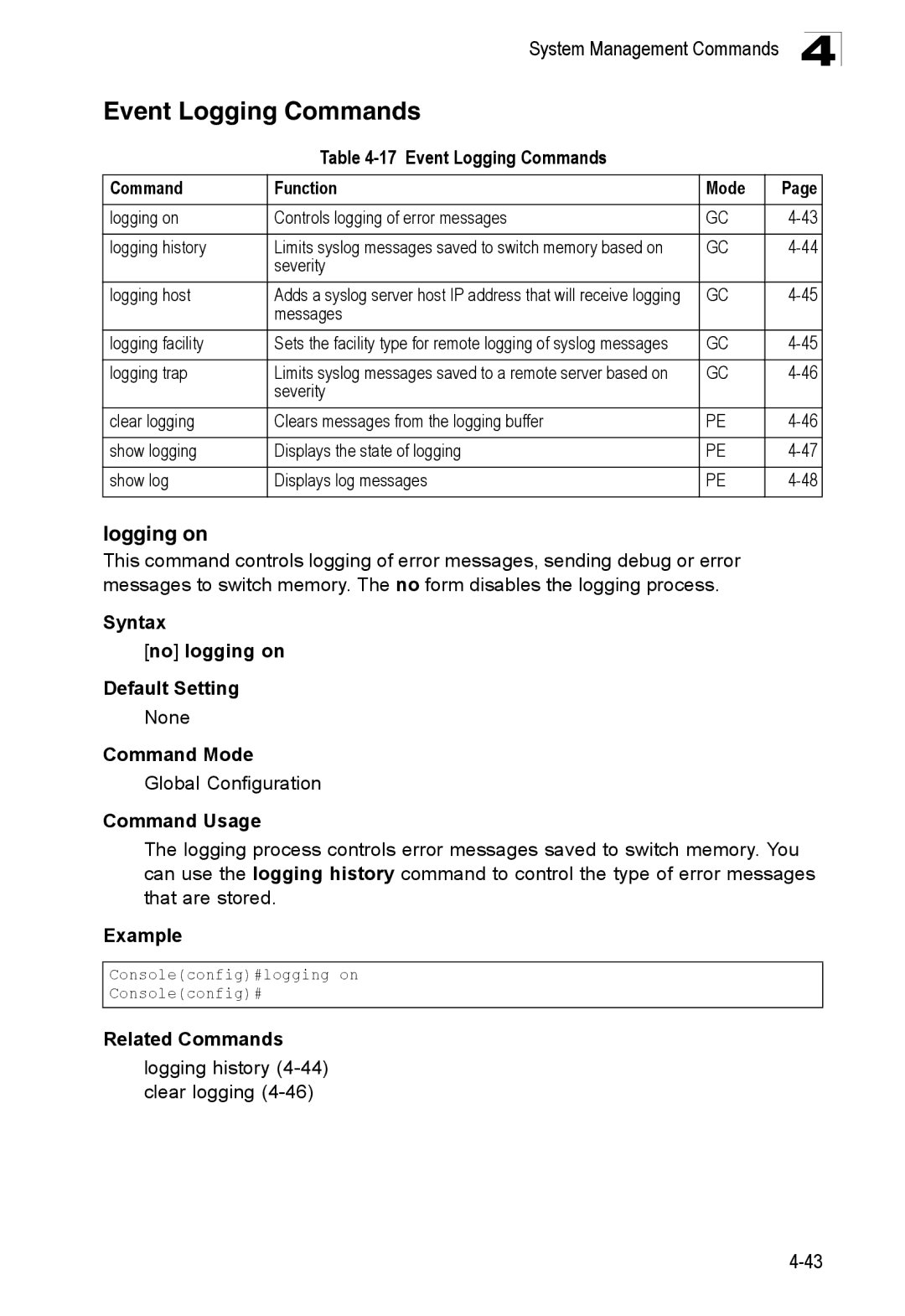 SMC Networks SMC8150L2 manual Logging on, Event Logging Commands Function Mode, Syntax No logging on Default Setting 