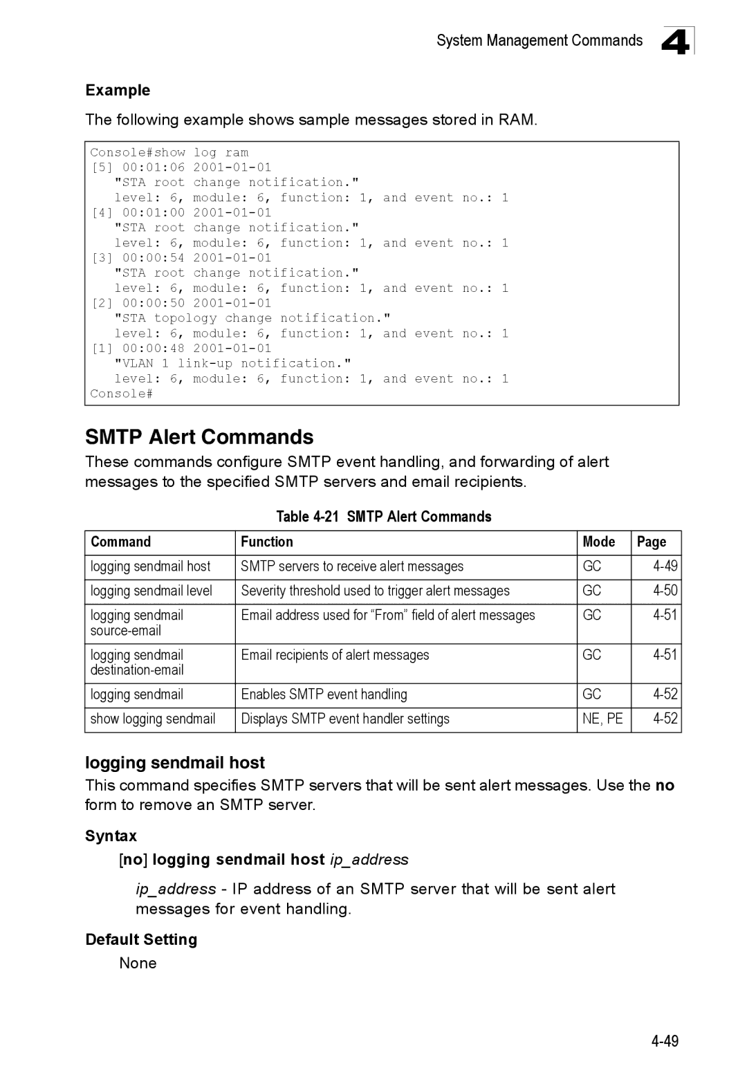 SMC Networks SMC8150L2 Smtp Alert Commands, Logging sendmail host, Following example shows sample messages stored in RAM 