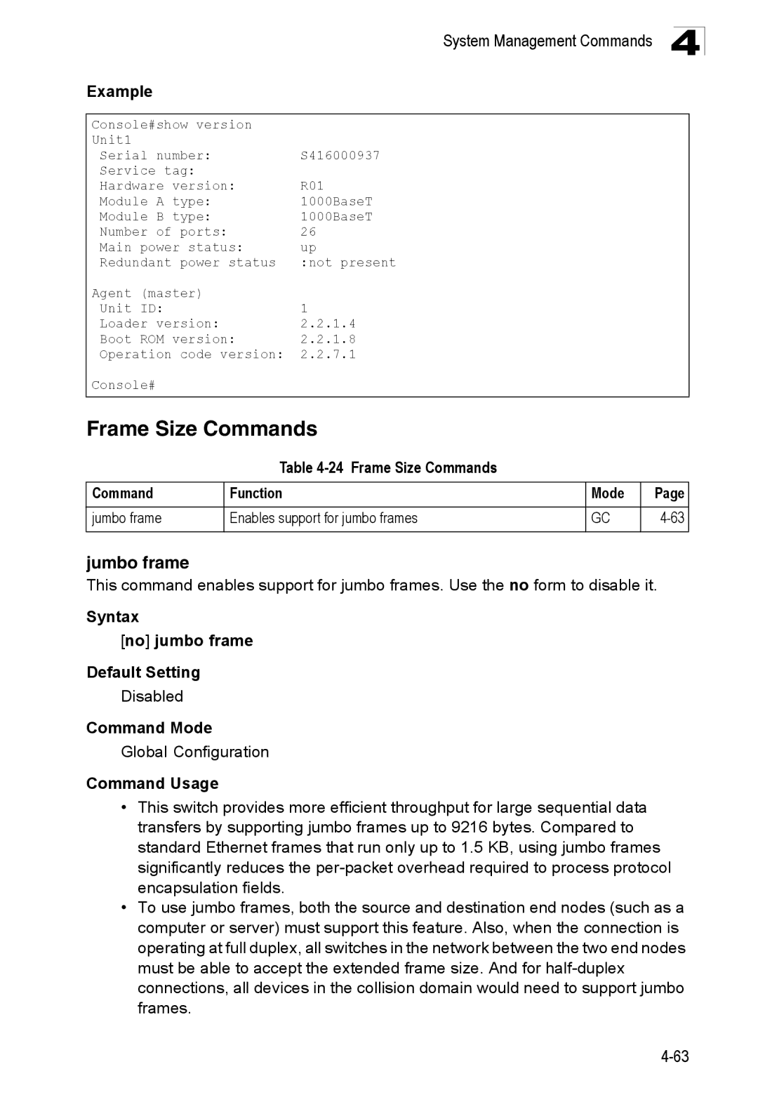 SMC Networks SMC8150L2 manual Frame Size Commands Function Mode, Jumbo frame Enables support for jumbo frames 