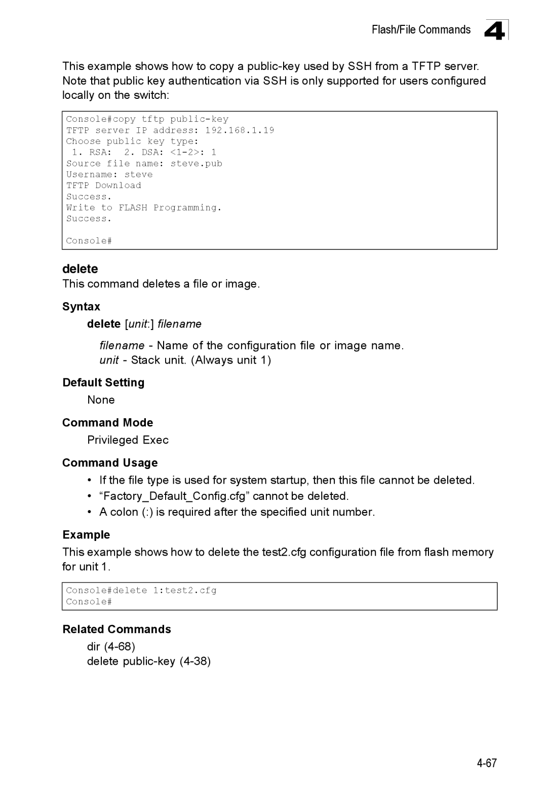 SMC Networks SMC8150L2 manual This command deletes a file or image, Delete unit filename, Dir Delete public-key4-38 