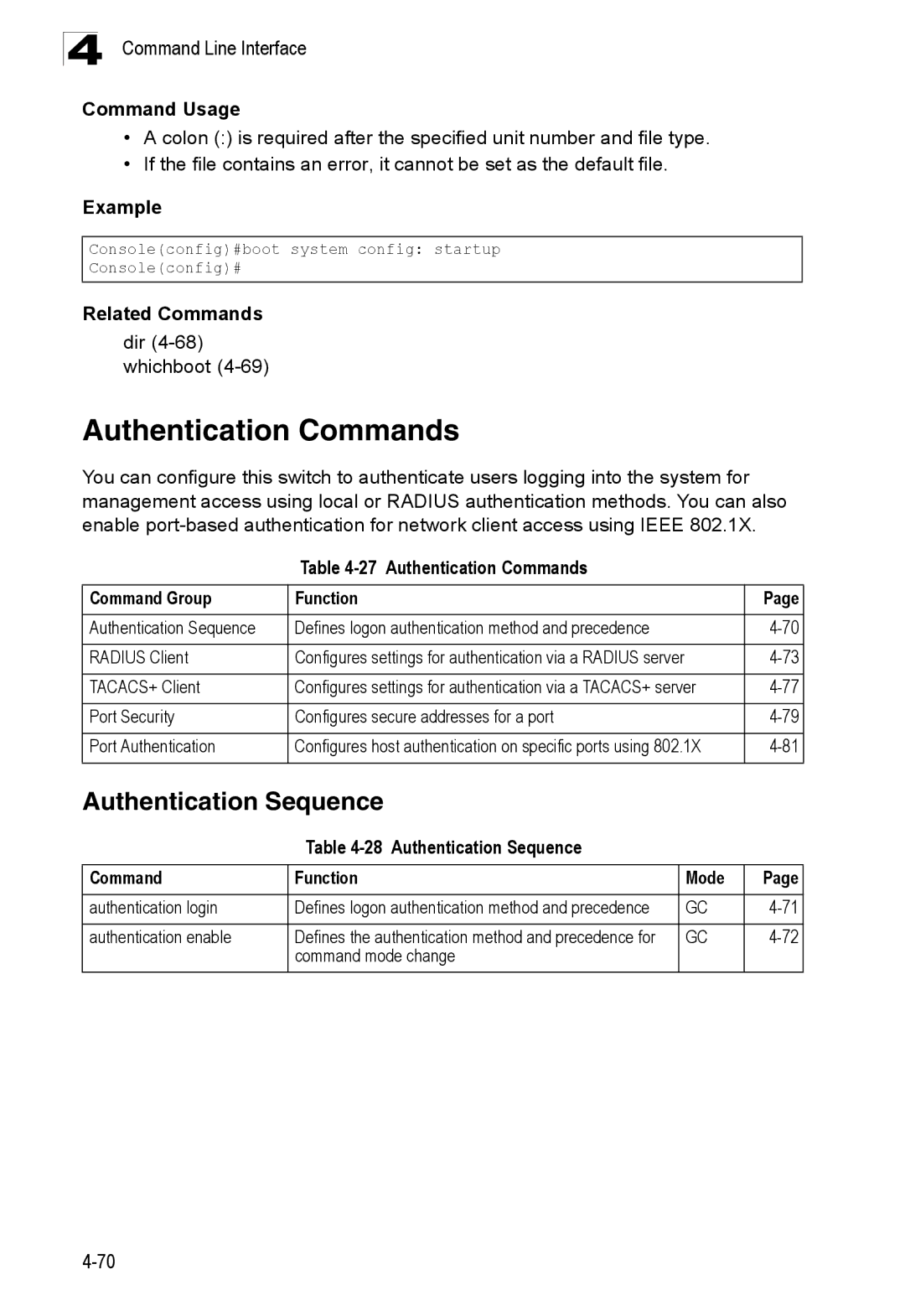 SMC Networks SMC8150L2 manual Authentication Commands, Authentication Sequence, Dir 4-68 whichboot 