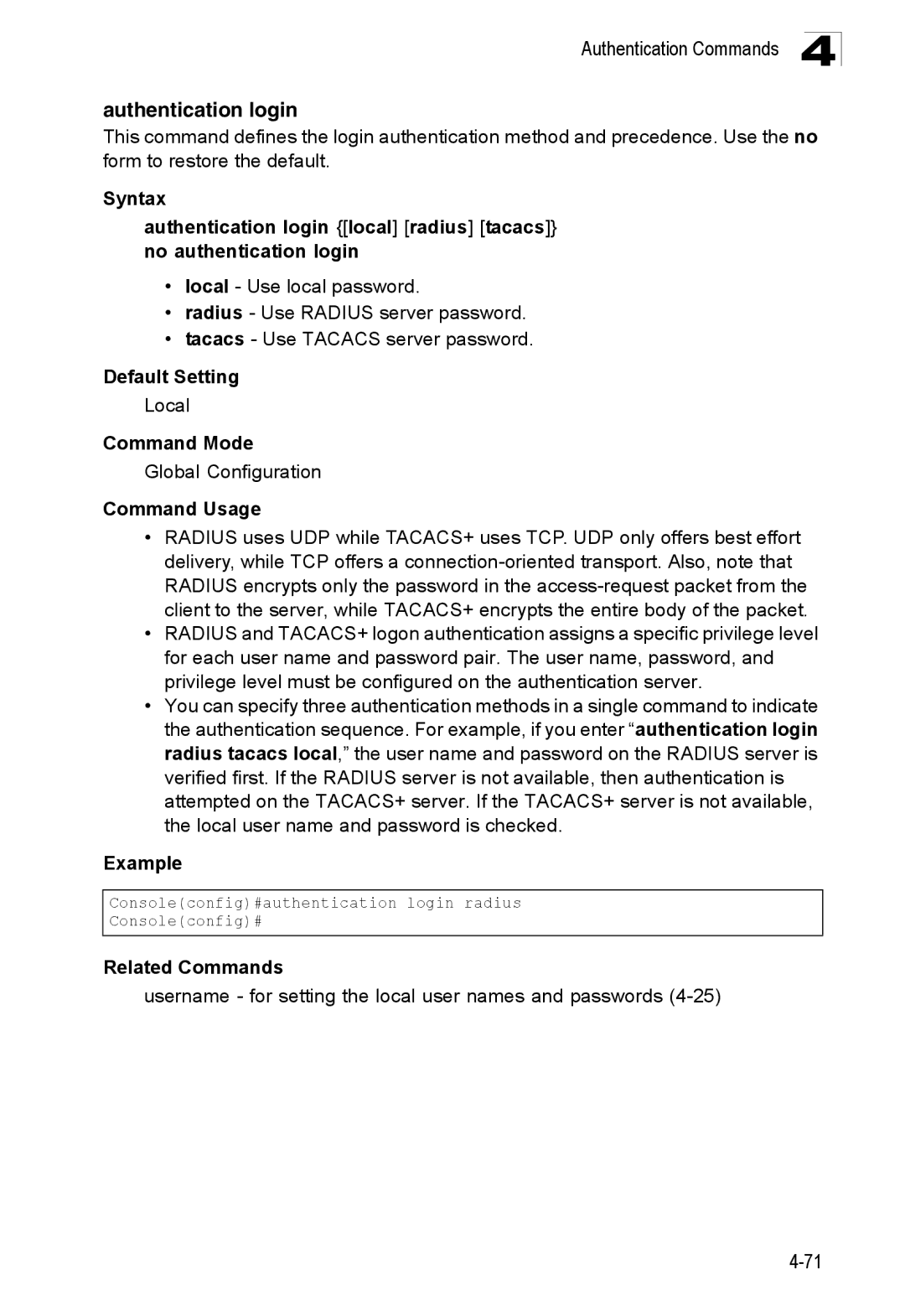 SMC Networks SMC8150L2 manual Authentication login, Local, Username for setting the local user names and passwords 