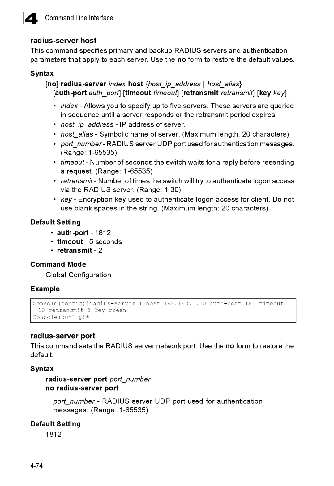 SMC Networks SMC8150L2 manual Radius-server host, Radius-server port, Default Setting Auth-port, Retransmit Command Mode 