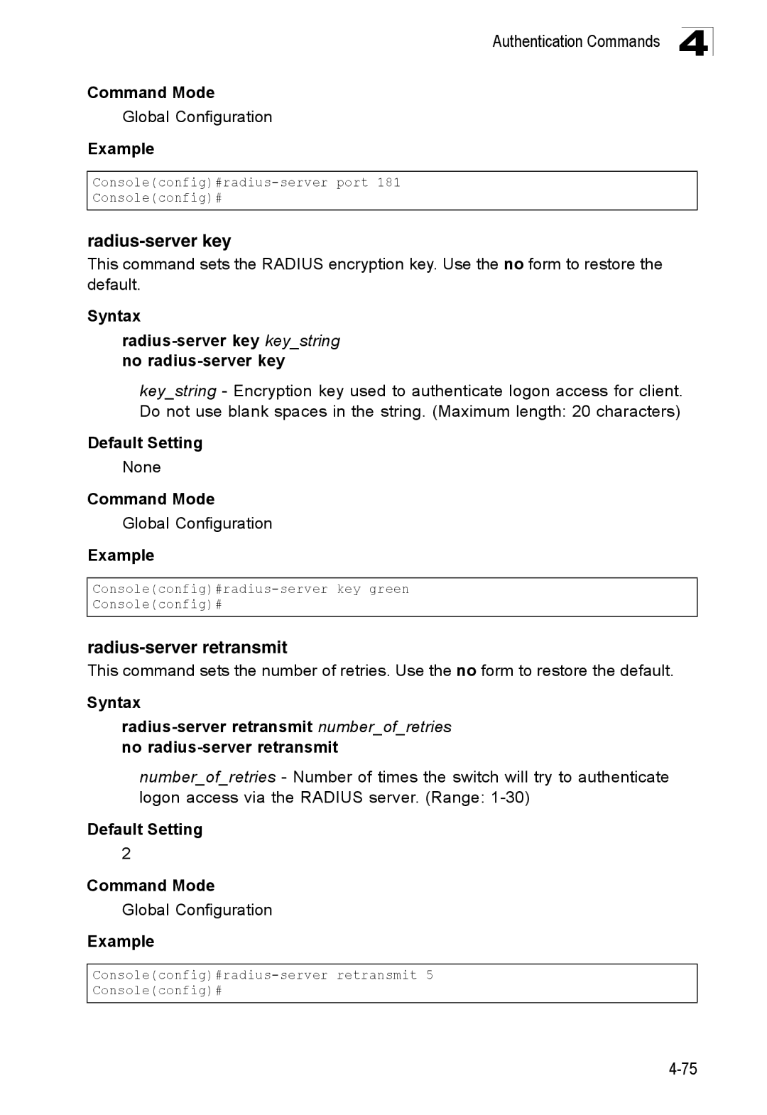 SMC Networks SMC8150L2 manual Radius-server key, Radius-server retransmit 