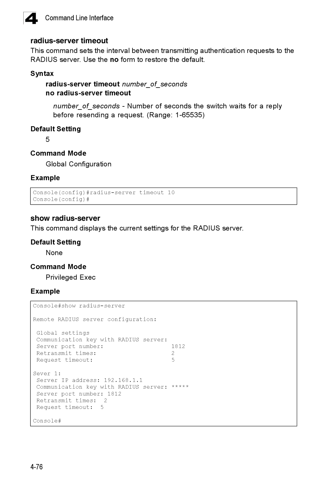 SMC Networks SMC8150L2 manual Radius-server timeout, Show radius-server 