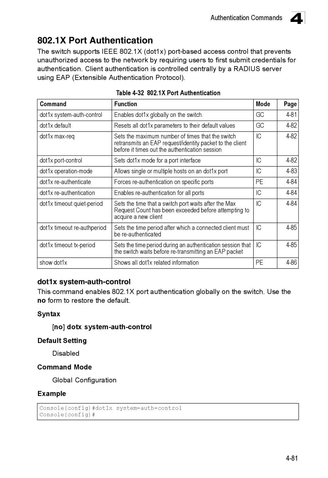 SMC Networks SMC8150L2 manual 802.1X Port Authentication, Dot1x system-auth-control 