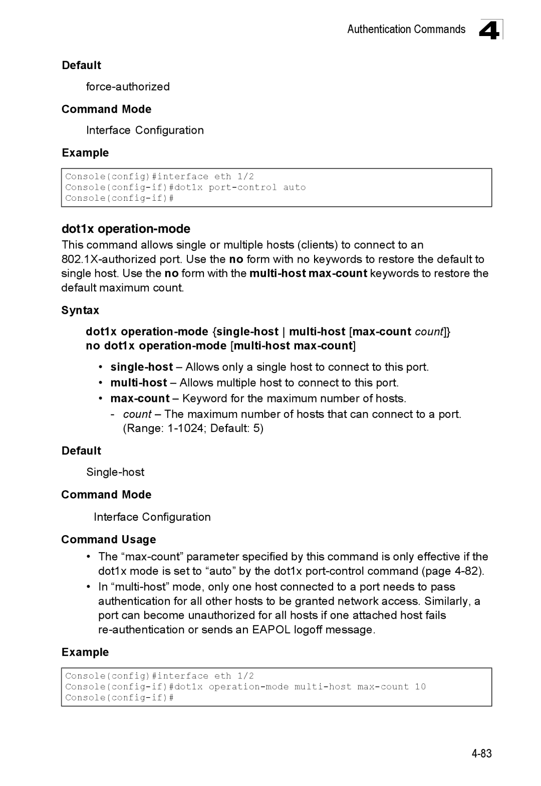 SMC Networks SMC8150L2 manual Dot1x operation-mode, Force-authorized, Single-host 