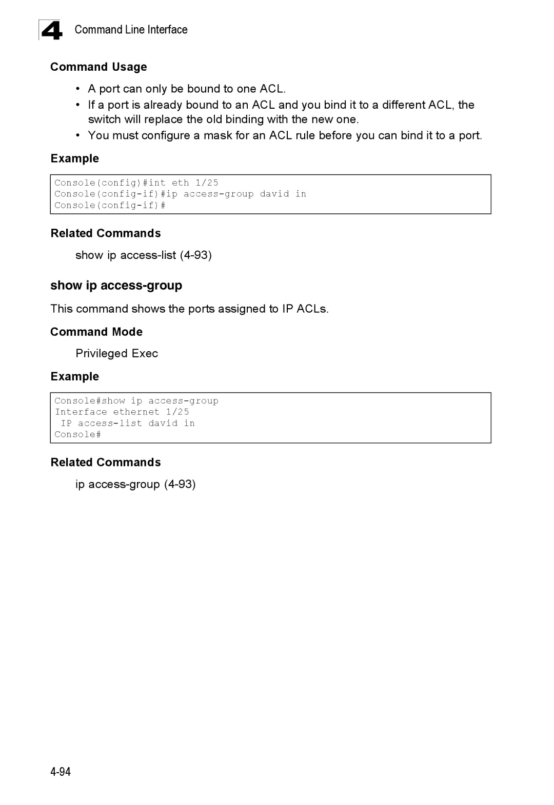 SMC Networks SMC8150L2 Show ip access-group, Show ip access-list4-93, This command shows the ports assigned to IP ACLs 