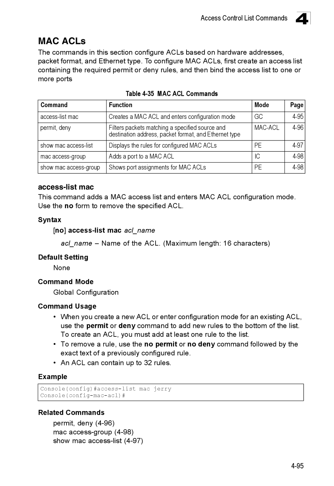 SMC Networks SMC8150L2 manual MAC ACLs, Access-list mac, MAC ACL Commands Function Mode, Syntax No access-list mac aclname 